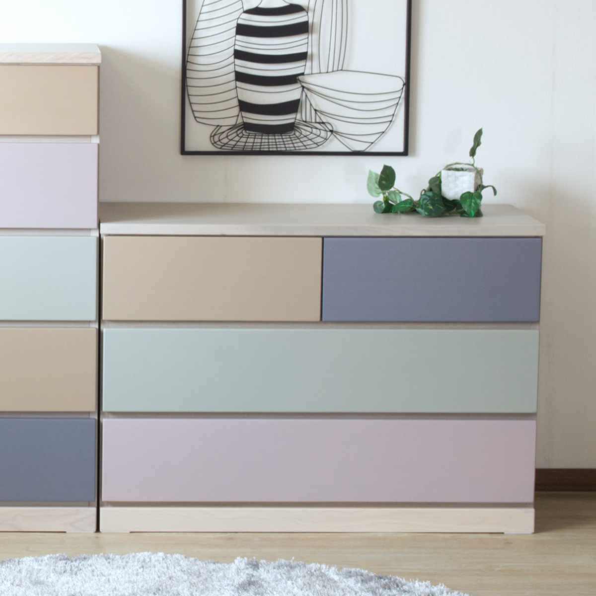 チェスト 幅110cm 3段4杯 パステルカラー 天然木 完成品 ( デザインチェスト 棚 ラック 収納 引き出し 組み換え リビングボード ローチェスト 3段 フルスライドレール 木目 背面化粧 )