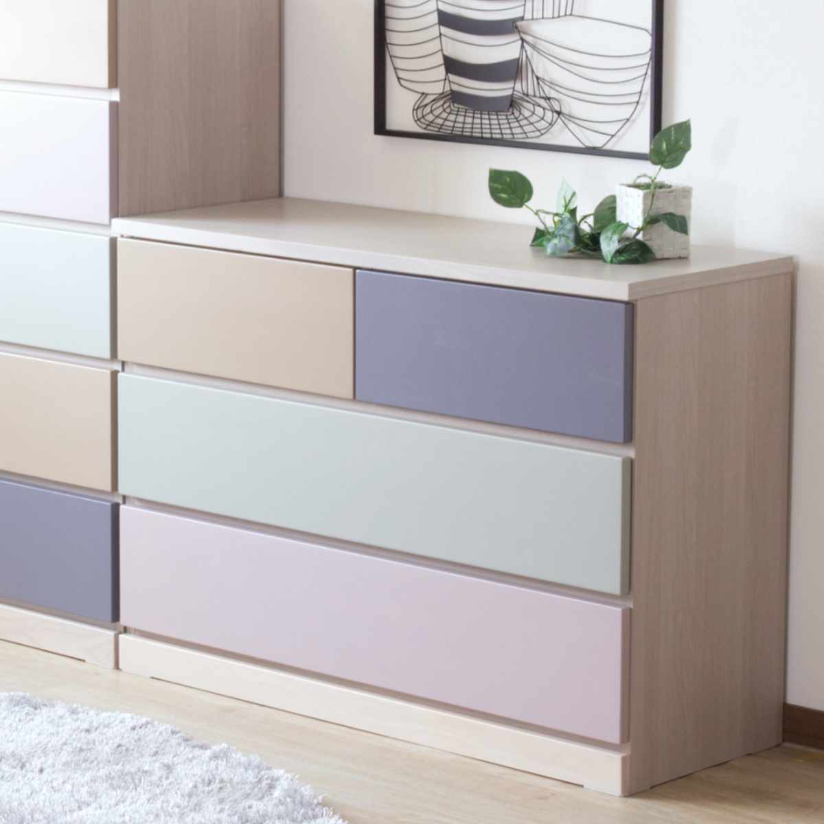 チェスト 幅110cm 3段4杯 パステルカラー 天然木 完成品 ( デザインチェスト 棚 ラック 収納 引き出し 組み換え リビングボード ローチェスト 3段 フルスライドレール 木目 背面化粧 )