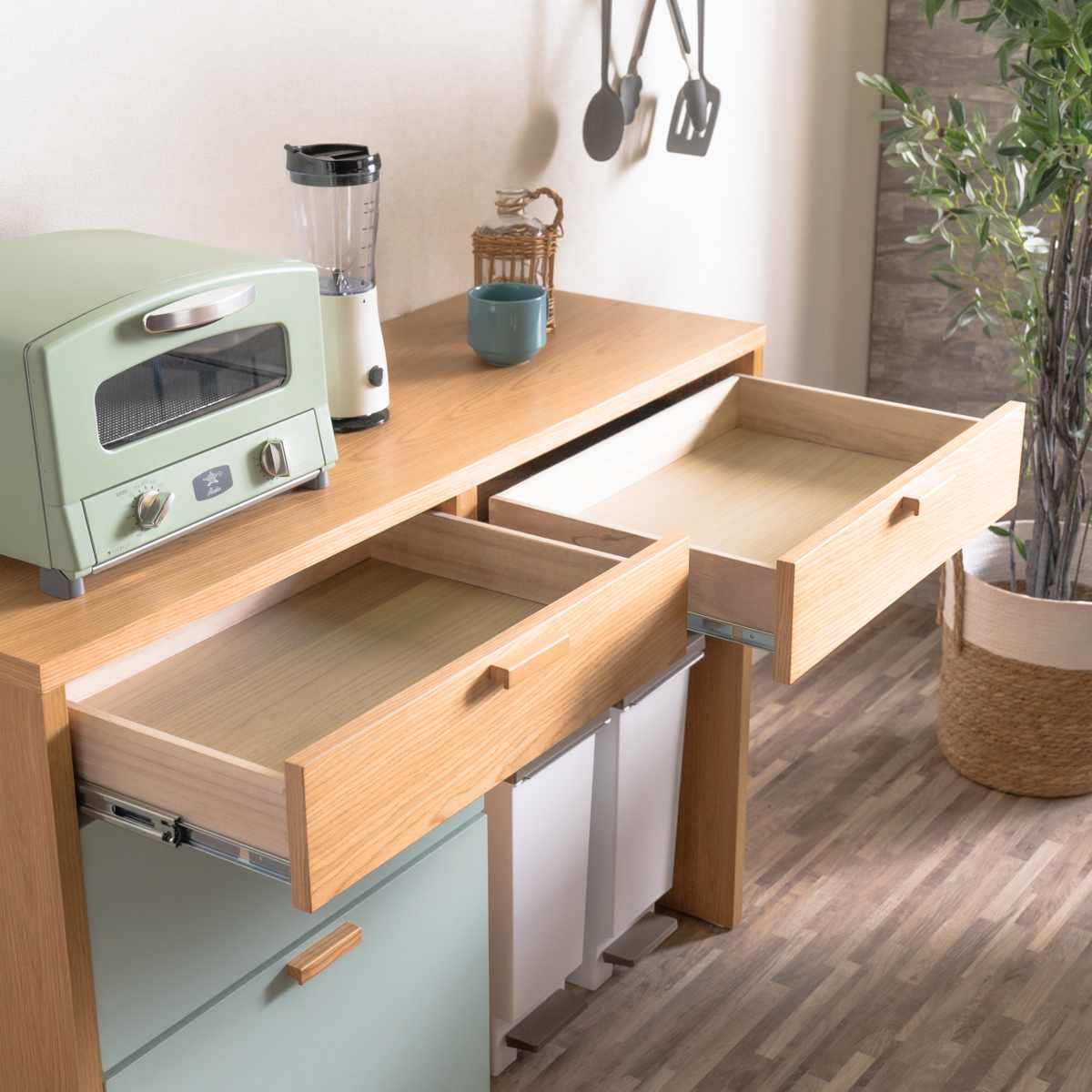 キッチンカウンター 幅120cm パステルカラー 背面化粧 完成品 ( カウンター キッチン 収納 フルスライドレール 木製 リビングボード ゴミ箱上 引き出し 3段4杯 可動棚 ベージュ グリーン ) 【グリーン】 グリーン