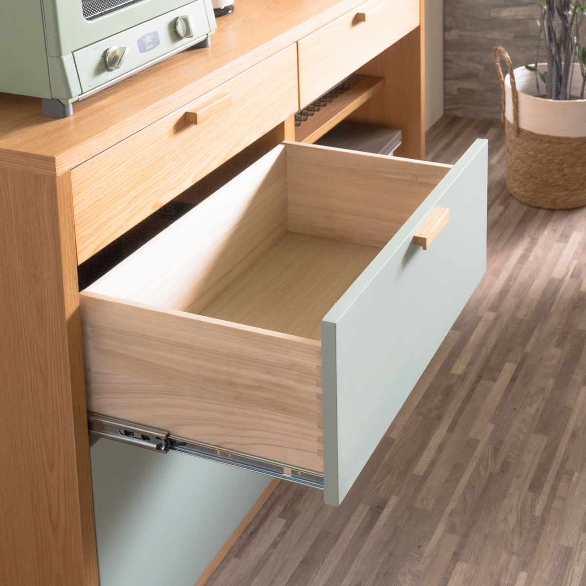 キッチンカウンター 幅120cm パステルカラー 背面化粧 完成品 ( カウンター キッチン 収納 フルスライドレール 木製 リビングボード ゴミ箱上 引き出し 3段4杯 可動棚 ベージュ グリーン ) 【グリーン】 グリーン