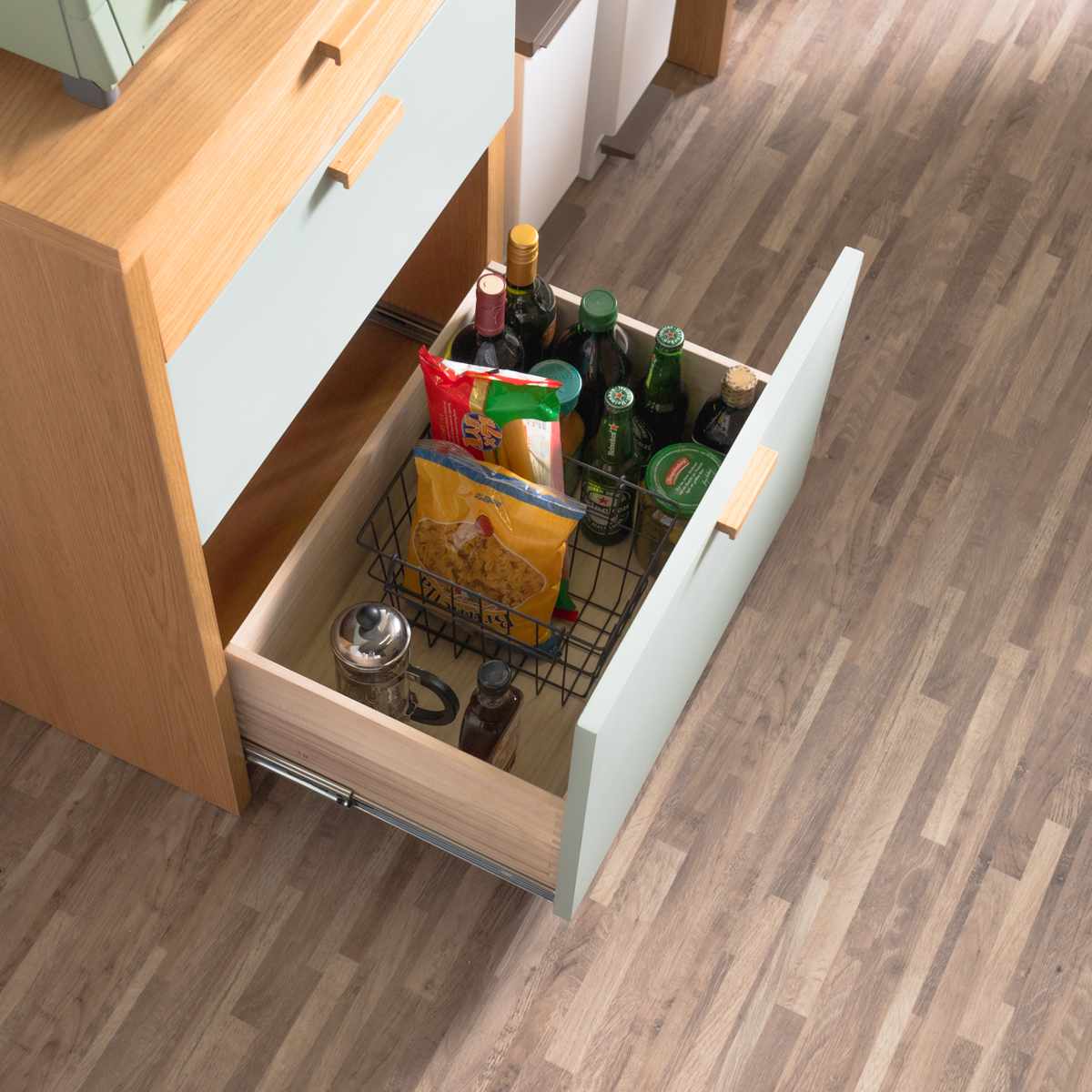 キッチンカウンター 幅120cm パステルカラー 背面化粧 完成品 ( カウンター キッチン 収納 フルスライドレール 木製 リビングボード ゴミ箱上 引き出し 3段4杯 可動棚 ベージュ グリーン ) 【グリーン】 グリーン