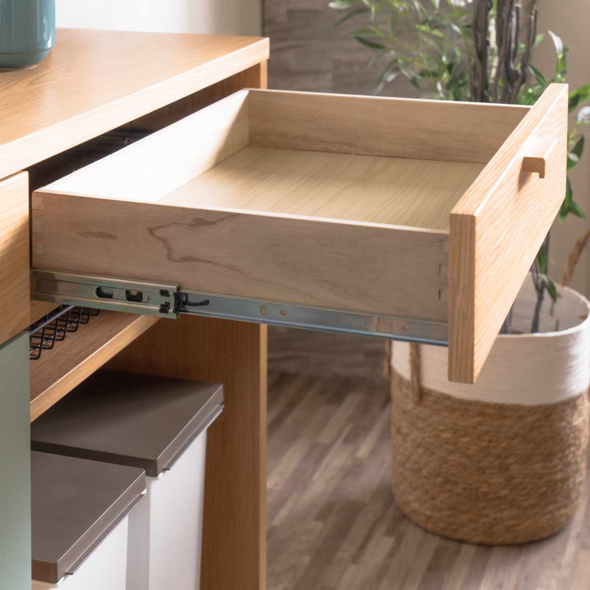 キッチンカウンター 幅120cm パステルカラー 背面化粧 完成品 ( カウンター キッチン 収納 フルスライドレール 木製 リビングボード ゴミ箱上 引き出し 3段4杯 可動棚 ベージュ グリーン ) 【グリーン】 グリーン