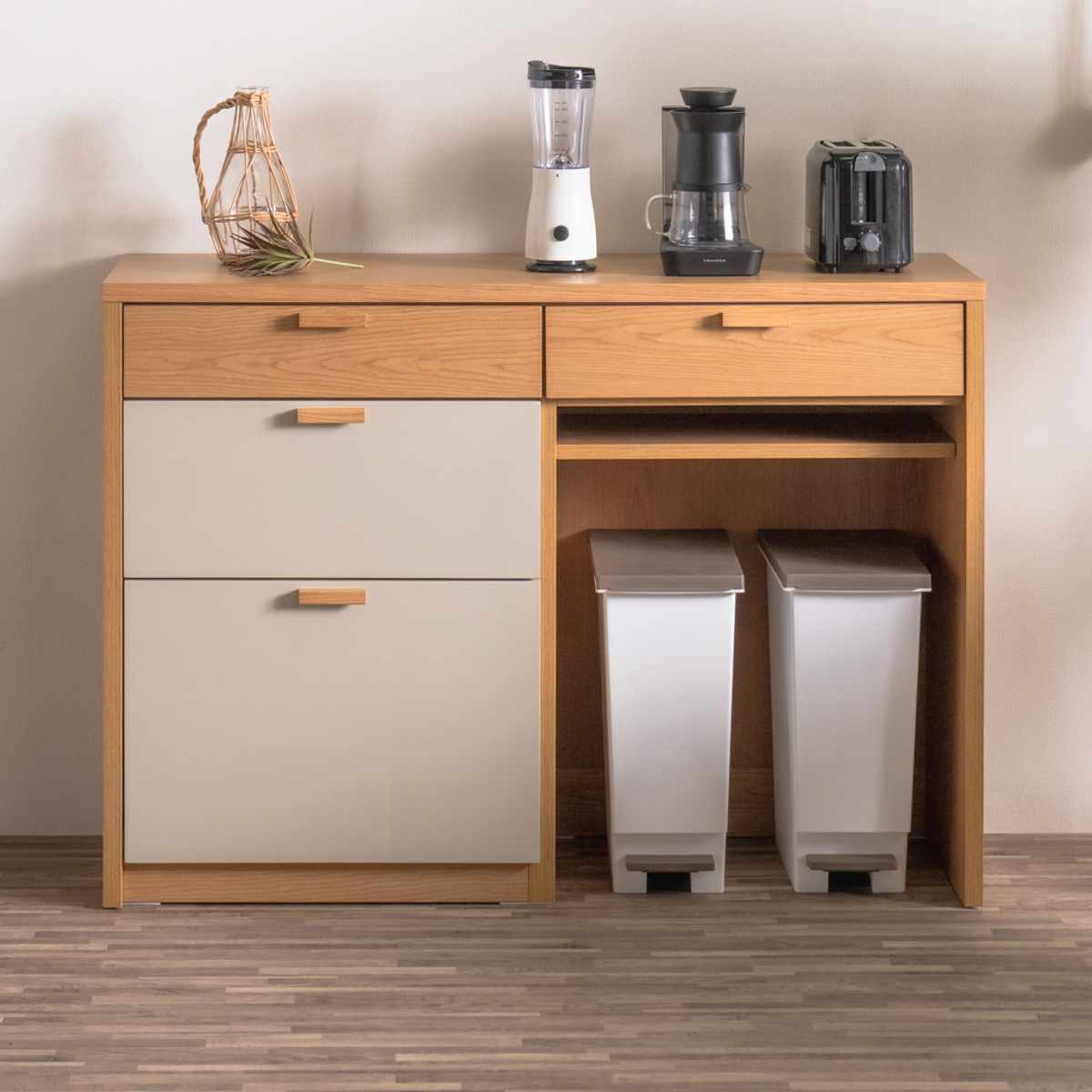 キッチンカウンター 幅120cm パステルカラー 背面化粧 完成品 ( カウンター キッチン 収納 フルスライドレール 木製 リビングボード ゴミ箱上 引き出し 3段4杯 可動棚 ベージュ グリーン ) 【グリーン】 グリーン