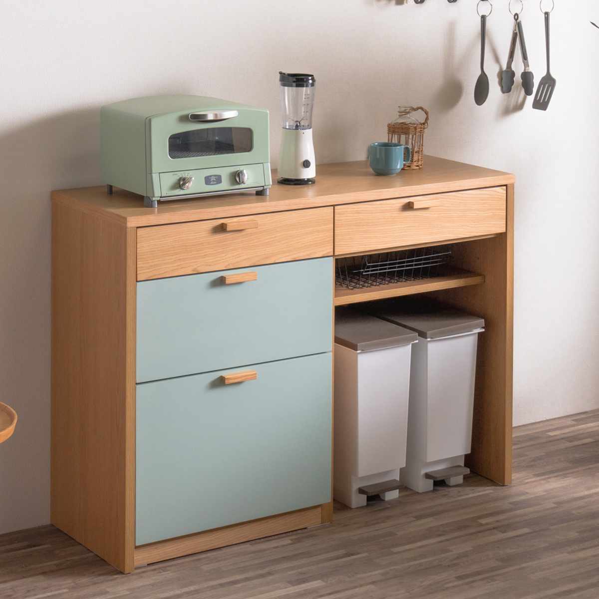 キッチンカウンター 幅120cm パステルカラー 背面化粧 完成品 ( カウンター キッチン 収納 フルスライドレール 木製 リビングボード ゴミ箱上 引き出し 3段4杯 可動棚 ベージュ グリーン ) 【グリーン】 グリーン