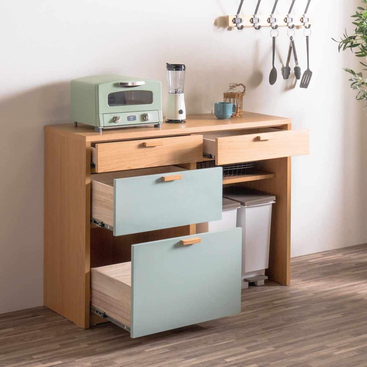キッチンカウンター 幅120cm パステルカラー 背面化粧 完成品 ( カウンター キッチン 収納 フルスライドレール 木製 リビングボード ゴミ箱上 引き出し 3段4杯 可動棚 ベージュ グリーン ) 【グリーン】 グリーン