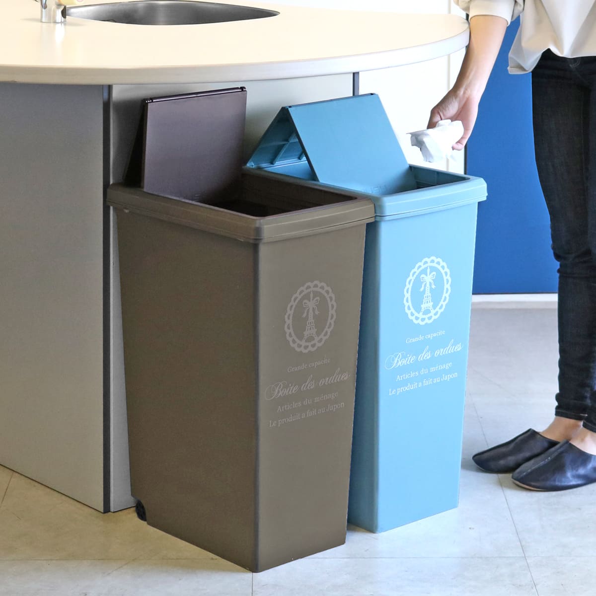 ゴミ箱 同色3個セット 45L スライドペール ふた付き エッフェル塔 ( ごみ箱 45リットル ダストボックス スリム 分別 キッチン スライド スライド式 蓋つき 大容量 プラスチック ペール 角型 縦型 フタ付き おしゃれ ) 【ブラウン】 ブラウン