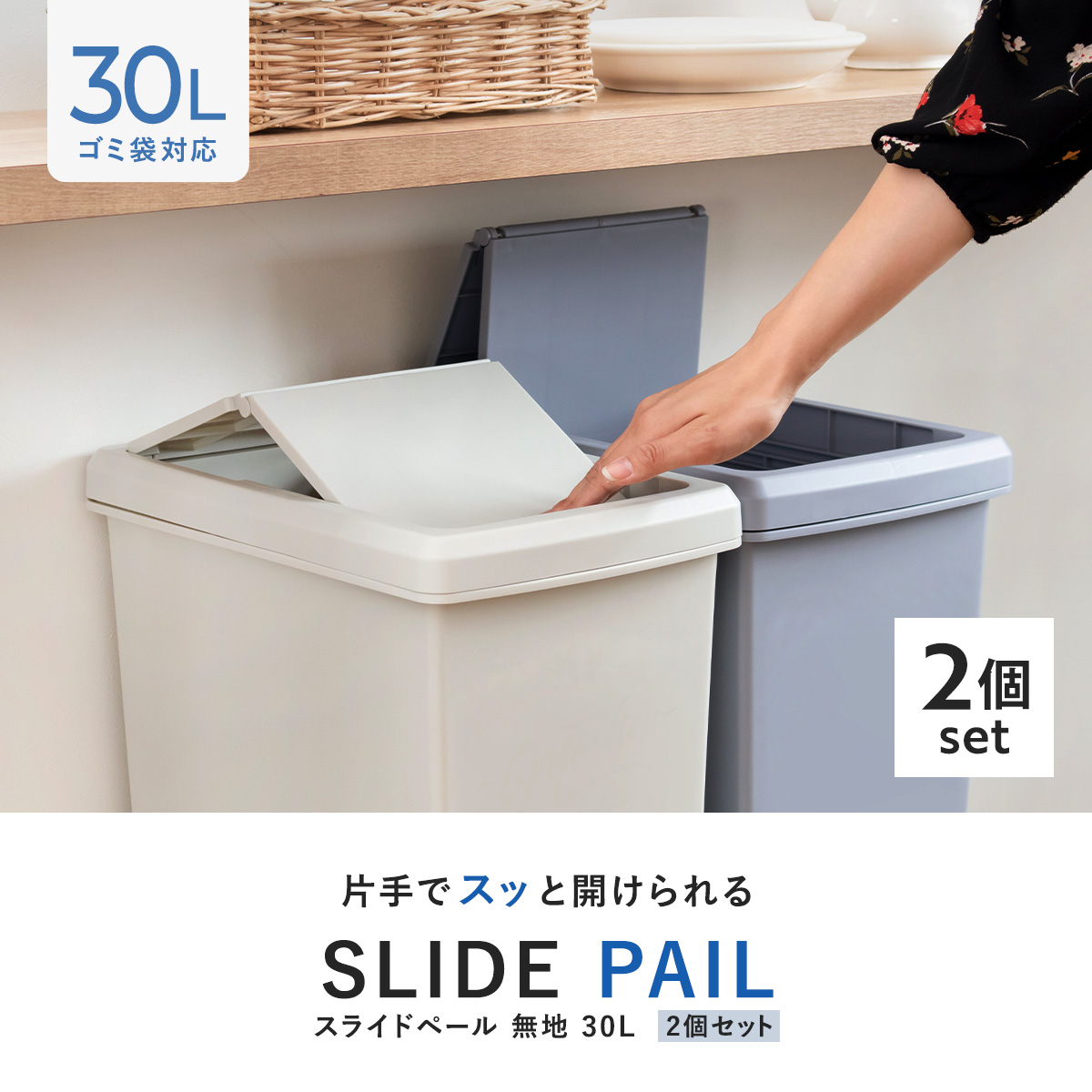ゴミ箱 30L 同色2個セット スライドペール 無地 ( ごみ箱 30リットル スライド 蓋つき プラスチック キャスター 2個セット ダストボックス 蓋付き 袋 見えない スライド式 キッチン 台所 おしゃれ ) 【アイボリー】 アイボリー