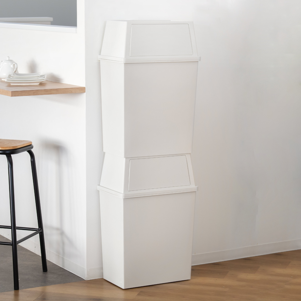 ゴミ箱 45L ワイド 積み重ね ( ごみ箱 45リットル 奥行28 分別 ふた付き キッチン ダストボックス スタッキング フロント プッシュ ふた付 前開き 蓋付き プラスチック製 くずかご ダストBOX 分別ゴミ箱 分別ごみ箱 シンプル ) 【クールグレー】 クールグレー