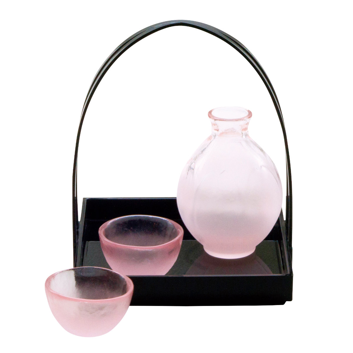 廣田硝子 はなほのか桃 酒器 三点揃 手籠付き ( ガラス 日本製 酒 お酒 食器 冷酒 徳利 盃 おちょこ 籠 かご付き おしゃれ かわいい ピンク )