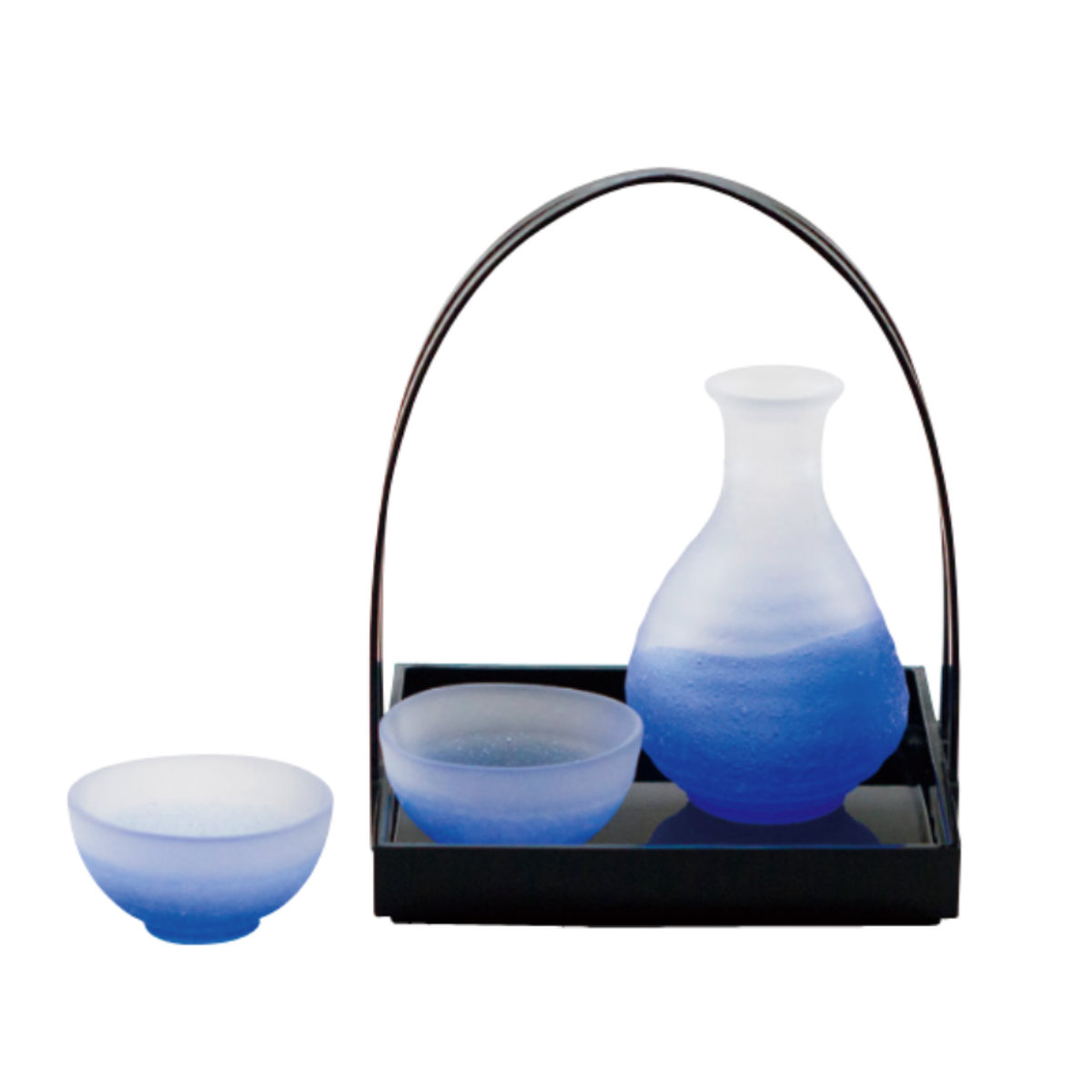 廣田硝子 吹雪 酒器 ブルー 手籠付き ( ガラス 日本製 徳利 2合 300ml 盃 コップ 杯 酒 お酒 冷酒 日本酒 おしゃれ 和食器 ガラス食器 )