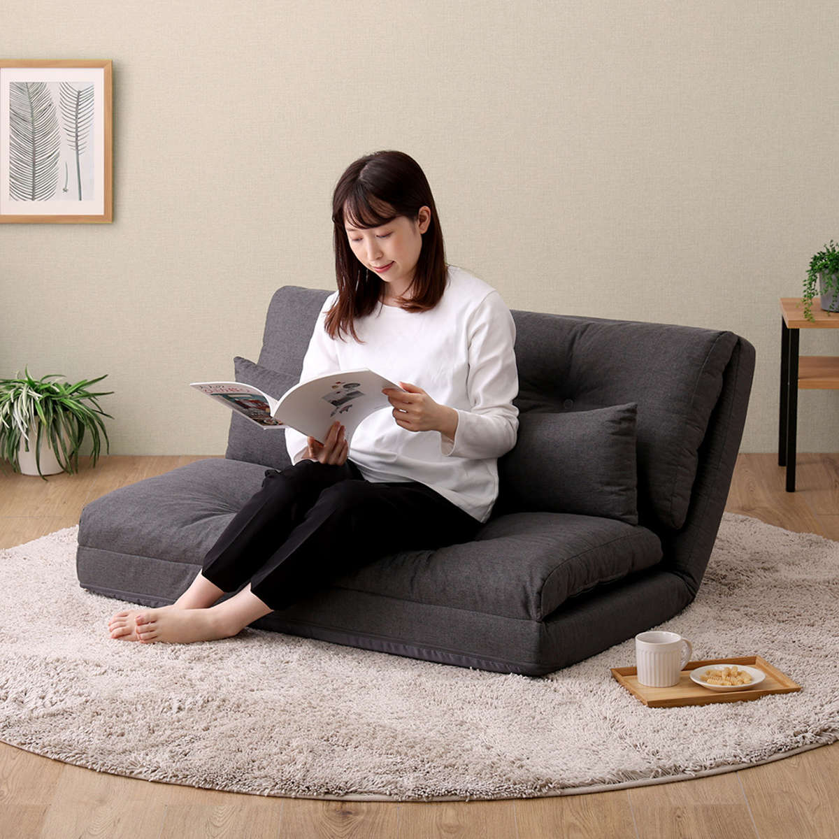 座椅子 2人掛け 3wayソファ 幅110cm Paljon ( 形が変えられる ソファ リクライニング フロアチェア カウチ フラット ベッド ゆったり ワイド 折りたたみ ファブリック 無地 シンプル おしゃれ ) 【ライトグレー】 ライトグレー