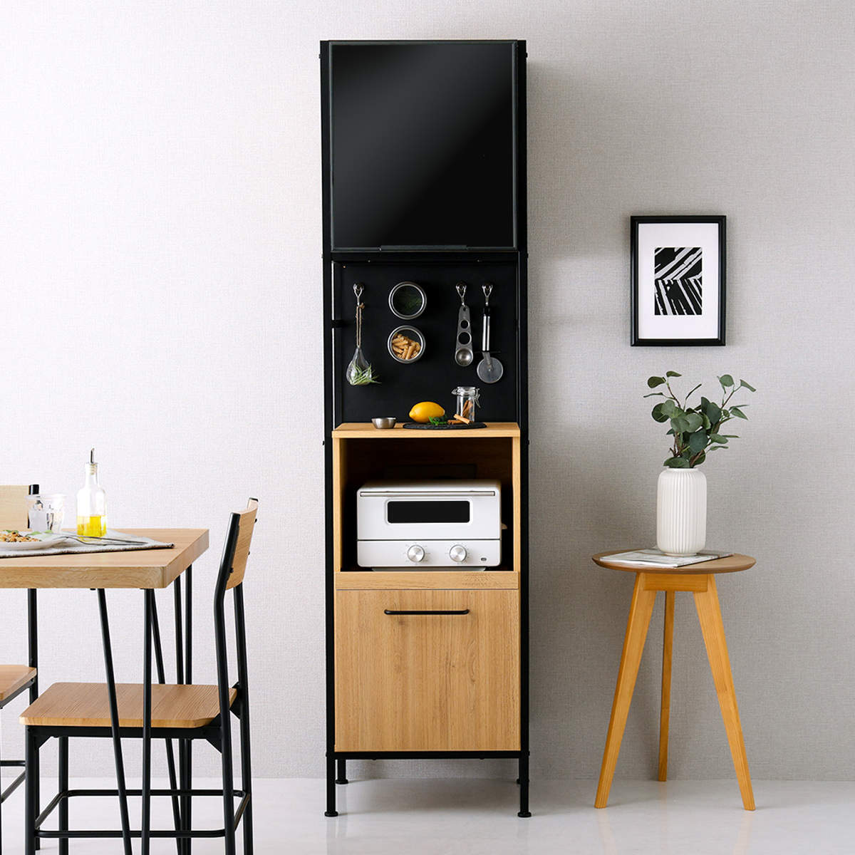 食器棚 幅49.5cm マグネット収納 スリム スライド棚 可動棚 2口コンセント付き ( 木目調 家電 食器 キッチン収納 収納棚 木目 マグネットパネル アジャスター付き ) 【ウォールナット】 ウォールナット