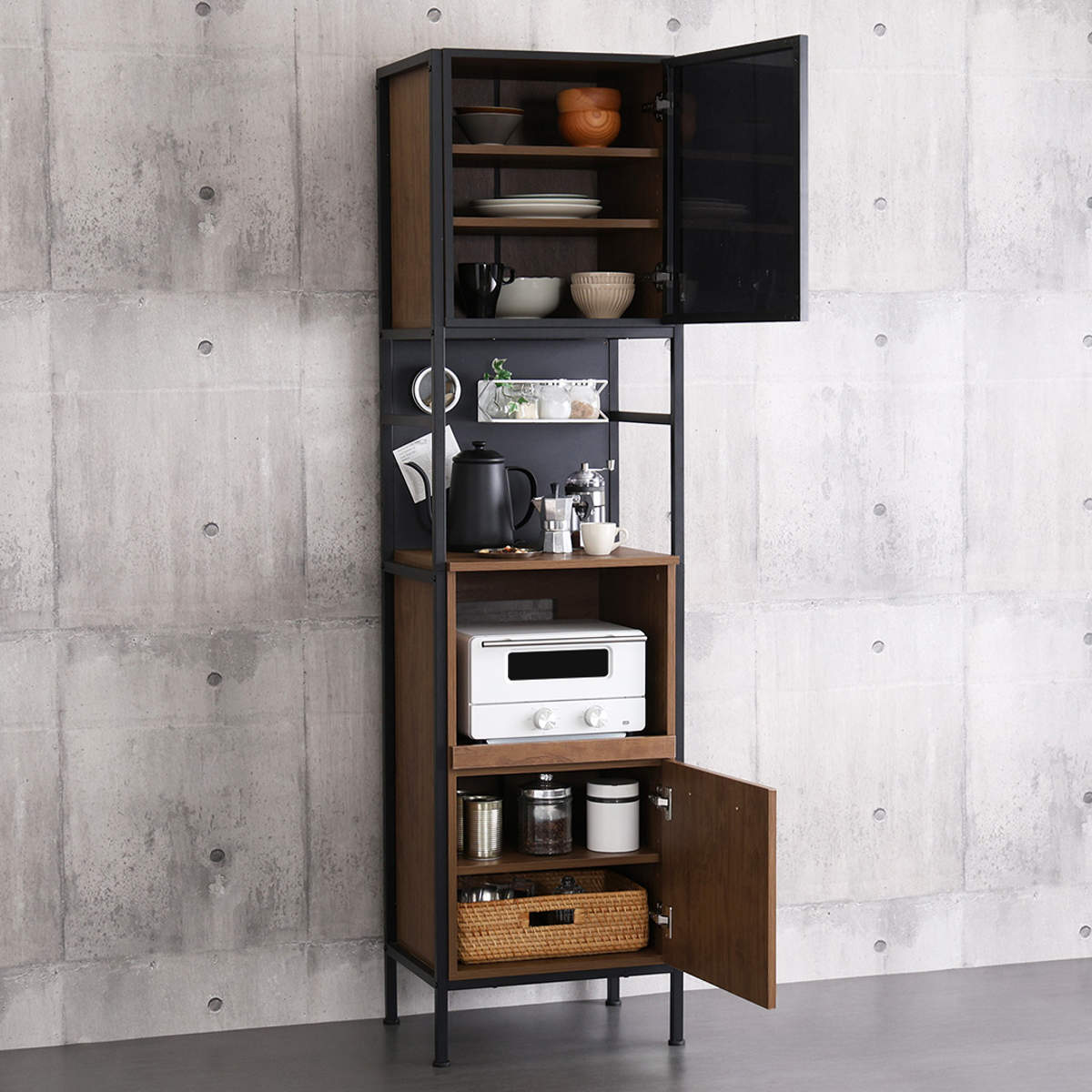 食器棚 幅49.5cm マグネット収納 スリム スライド棚 可動棚 2口コンセント付き ( 木目調 家電 食器 キッチン収納 収納棚 木目 マグネットパネル アジャスター付き ) 【ウォールナット】 ウォールナット