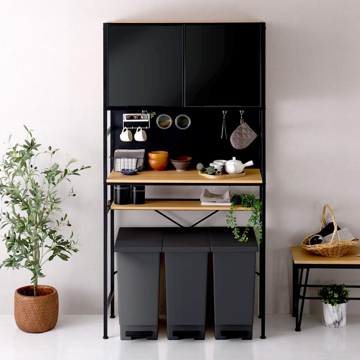 ゴミ箱上ラック 幅92.7cm マグネット収納 可動棚 ( 木目調 食器棚 ごみ箱上収納 ゴミ箱 45L 45リットル 作業台 食器 キッチン収納 収納棚 木目 マグネットパネル アジャスター付き ) 【シャビーオーク】 シャビーオーク