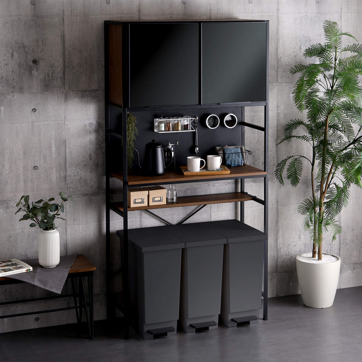 ゴミ箱上ラック 幅92.7cm マグネット収納 可動棚 ( 木目調 食器棚 ごみ箱上収納 ゴミ箱 45L 45リットル 作業台 食器 キッチン収納 収納棚 木目 マグネットパネル アジャスター付き ) 【シャビーオーク】 シャビーオーク