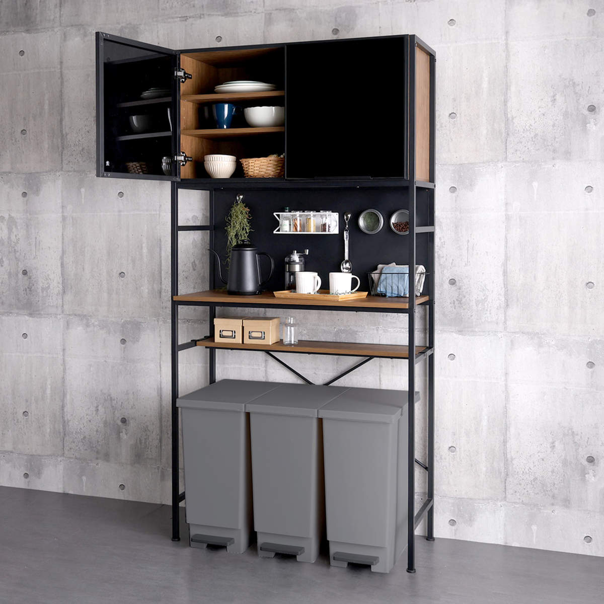 ゴミ箱上ラック 幅92.7cm マグネット収納 可動棚 ( 木目調 食器棚 ごみ箱上収納 ゴミ箱 45L 45リットル 作業台 食器 キッチン収納 収納棚 木目 マグネットパネル アジャスター付き ) 【シャビーオーク】 シャビーオーク