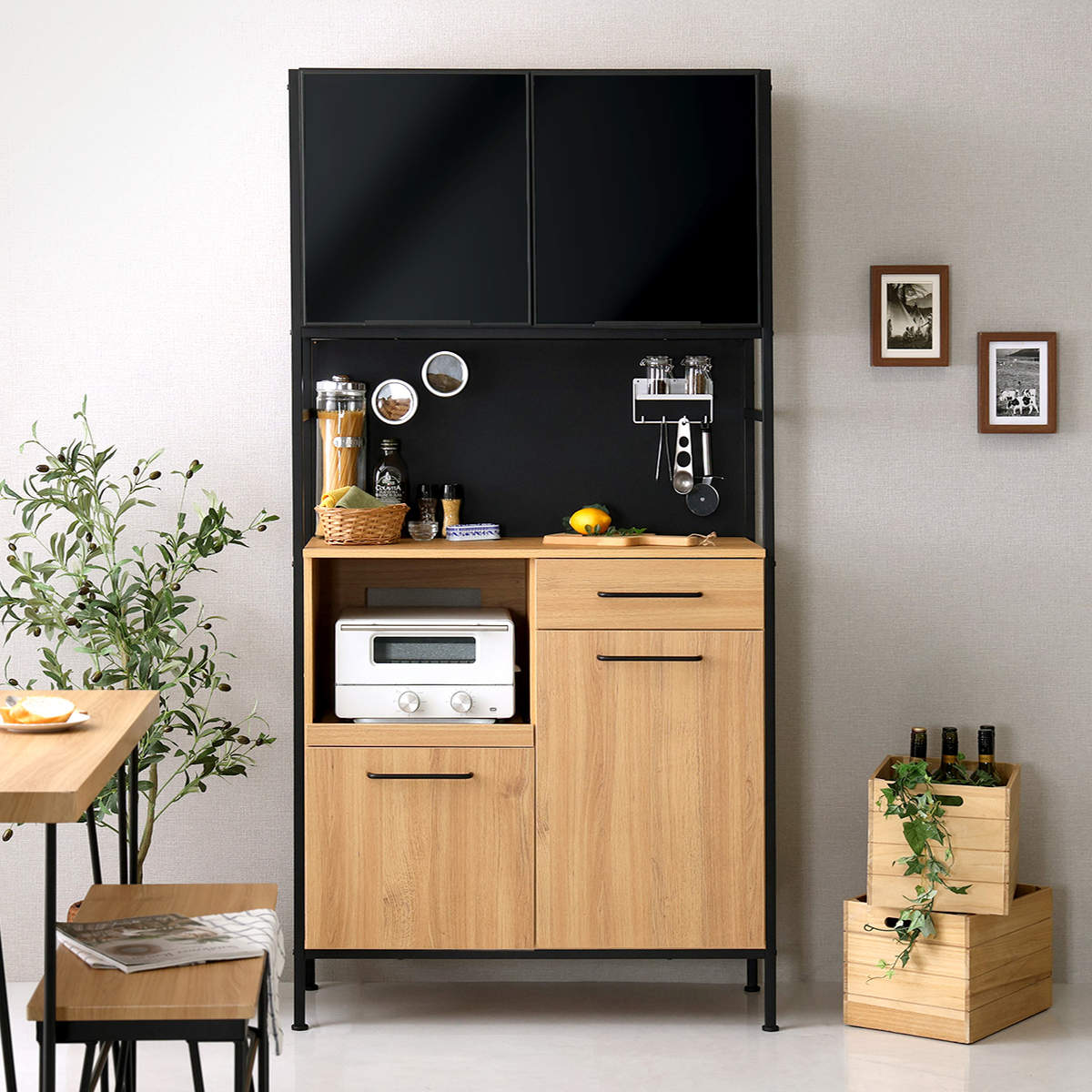 食器棚 幅92.7cm マグネット収納 スライド棚 可動棚 ( 木目調 引き出し 家電 食器 キッチン収納 収納棚 引出 カトラリー 木目 マグネットパネル アジャスター付き ) 【ウォールナット】 ウォールナット