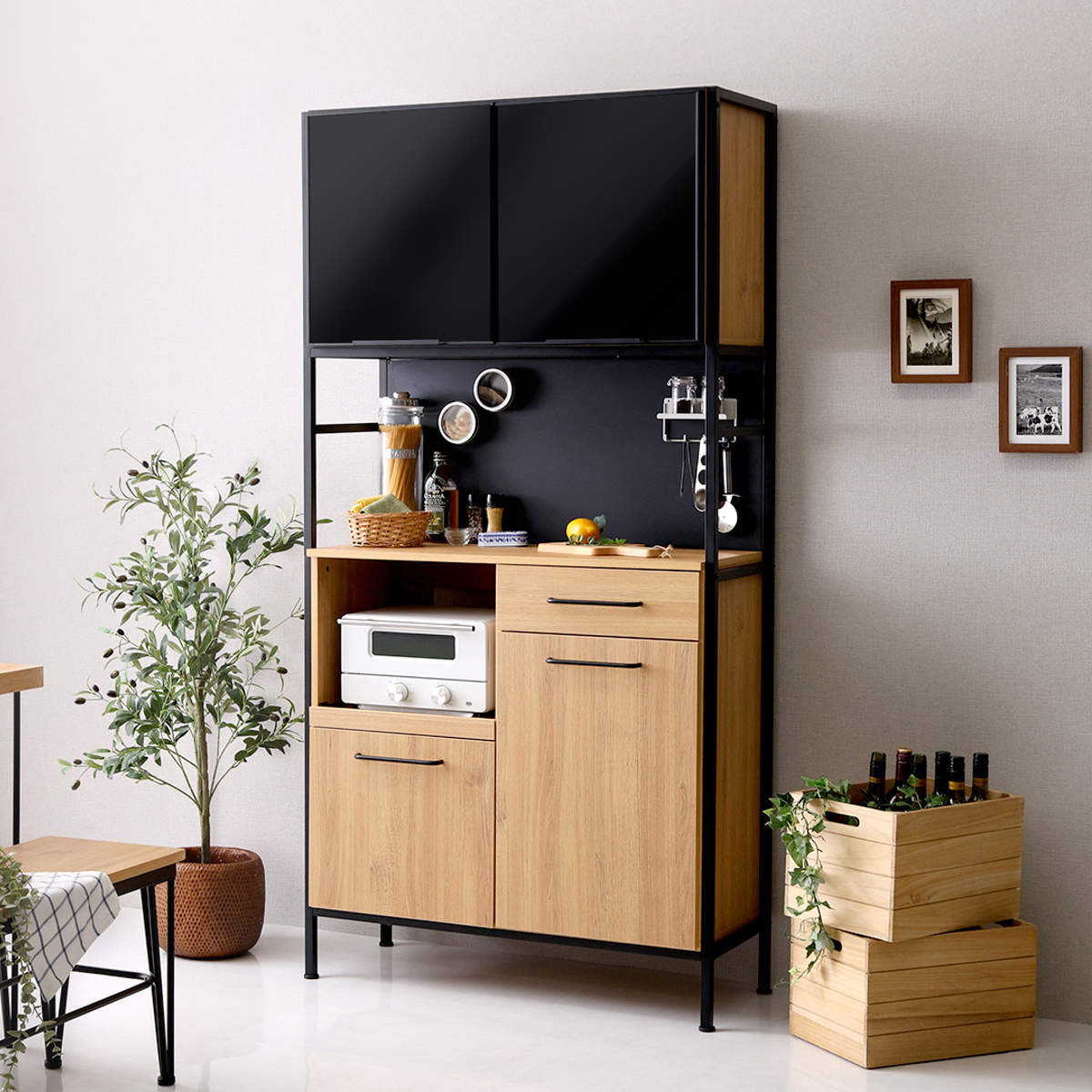 食器棚 幅92.7cm マグネット収納 スライド棚 可動棚 ( 木目調 引き出し 家電 食器 キッチン収納 収納棚 引出 カトラリー 木目 マグネットパネル アジャスター付き ) 【ウォールナット】 ウォールナット