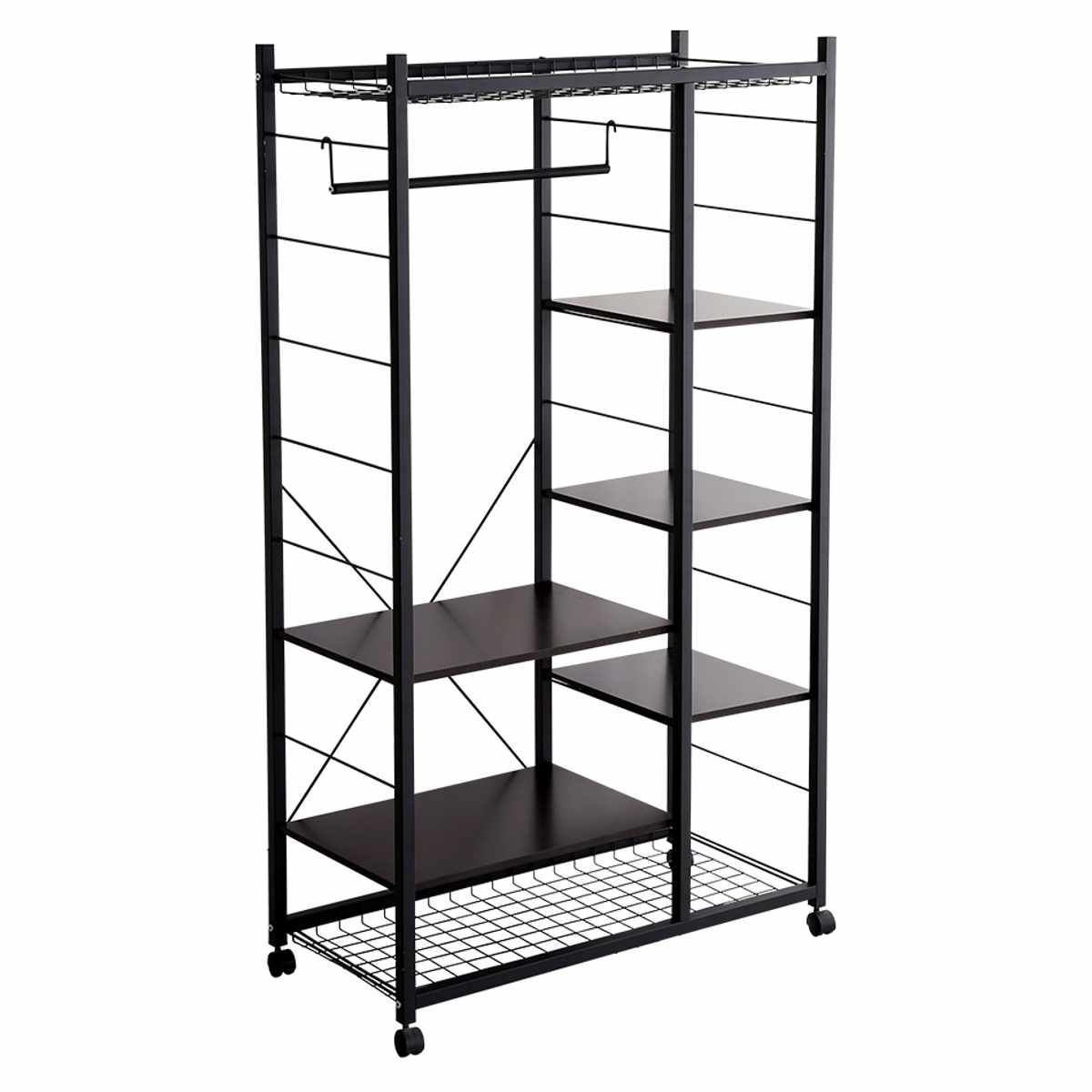 ハンガーラック Lacatas 幅88cm キャスター付き 可動棚 ( 高さ調節可能 棚付き スチールフレーム コートハンガー コート掛け 衣類収納 玄関収納 小物収納 帽子 靴 バッグ シンプル ブラック )