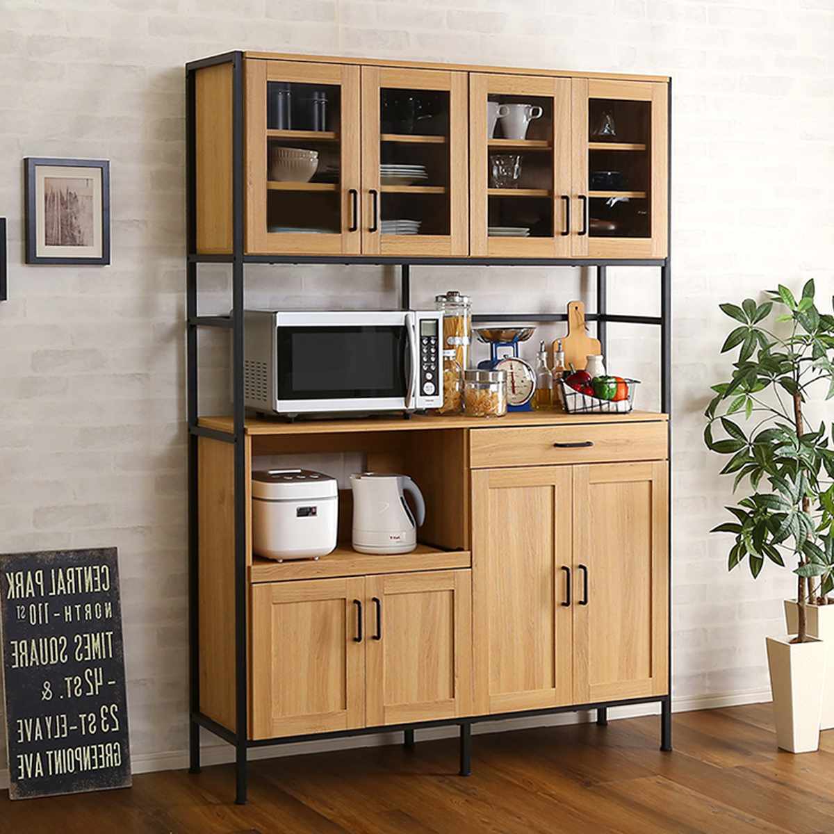 食器棚 幅122.6cm 木目調 2口コンセント付き スライド棚 引き出し 可動棚 ( レンジ台 キッチン収納 家電 キッチン 大容量 作業台 食器 カトラリー キッチン小物 スライドレール ) 【ホワイトオーク】 ホワイトオーク