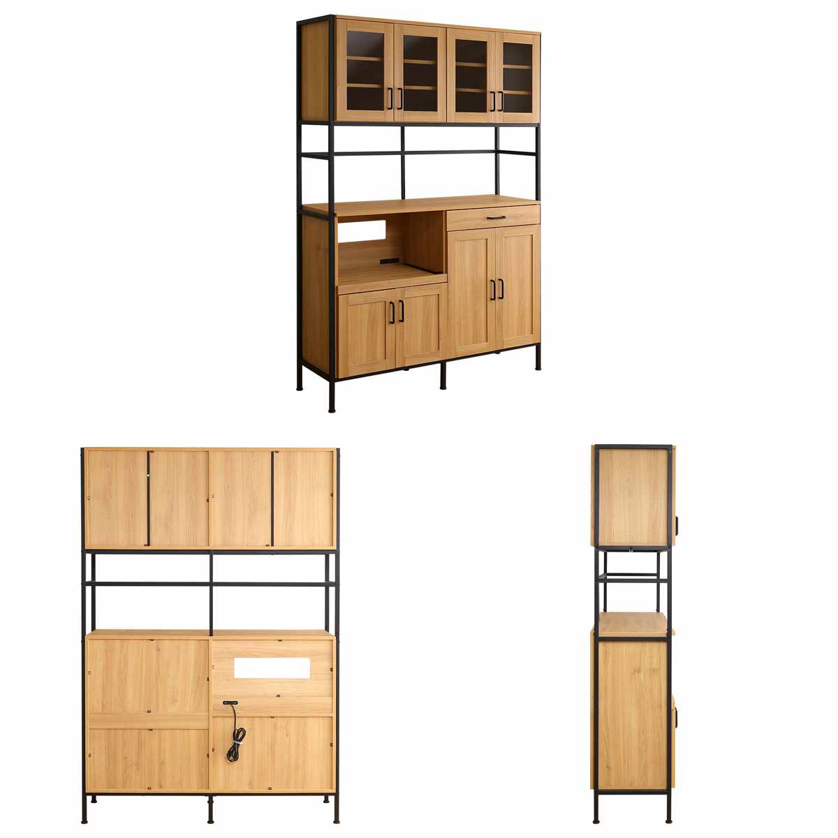 食器棚 幅122.6cm 木目調 2口コンセント付き スライド棚 引き出し 可動棚 ( レンジ台 キッチン収納 家電 キッチン 大容量 作業台 食器 カトラリー キッチン小物 スライドレール ) 【ホワイトオーク】 ホワイトオーク