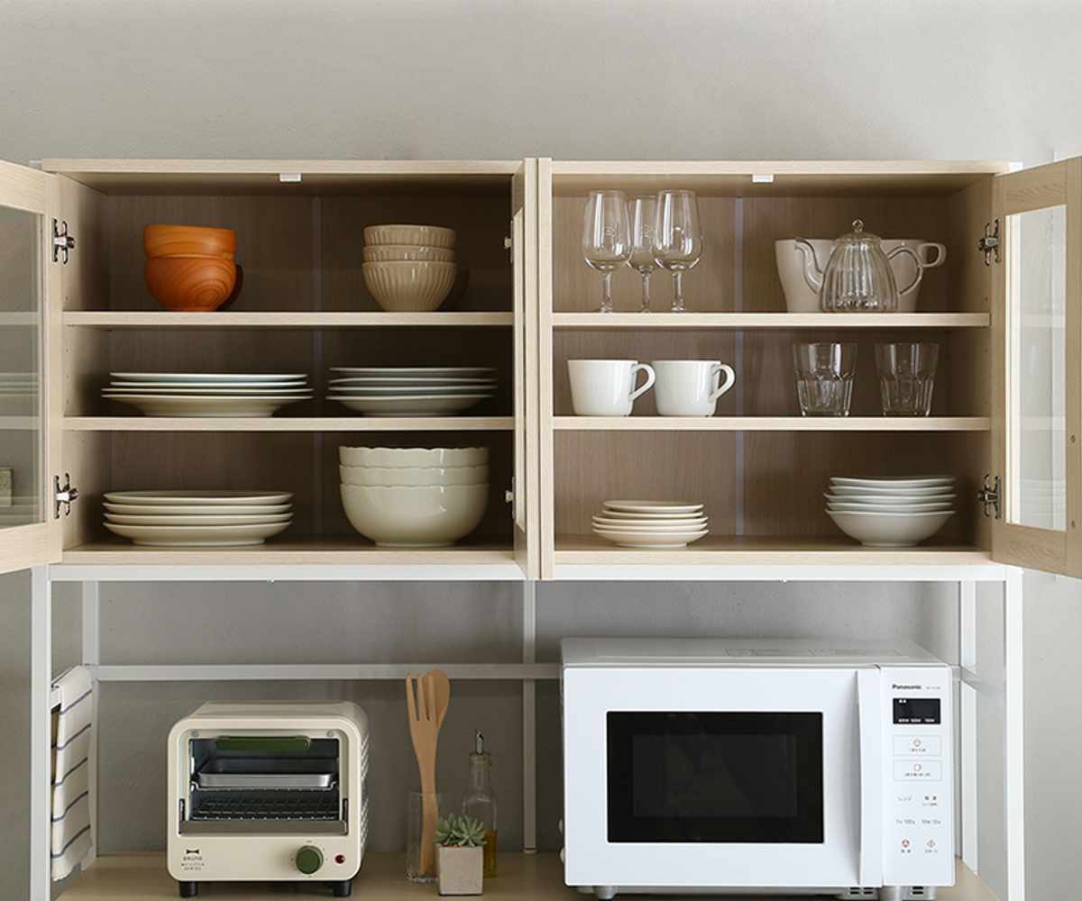 食器棚 幅122.6cm 木目調 2口コンセント付き スライド棚 引き出し 可動棚 ( レンジ台 キッチン収納 家電 キッチン 大容量 作業台 食器 カトラリー キッチン小物 スライドレール ) 【ホワイトオーク】 ホワイトオーク