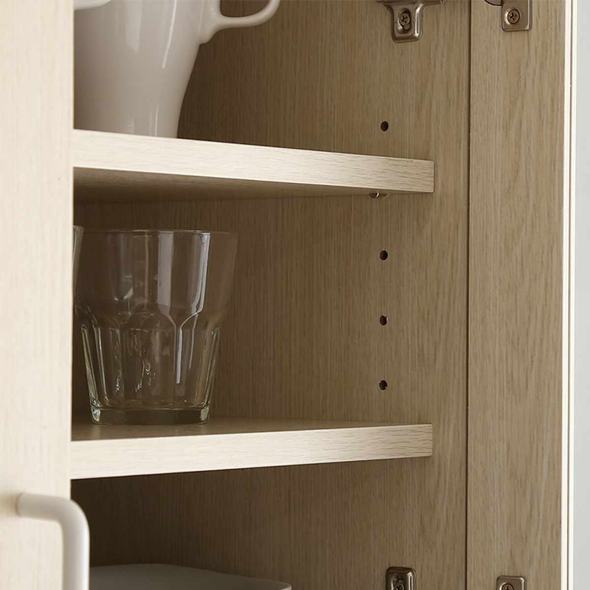 食器棚 幅122.6cm 木目調 2口コンセント付き スライド棚 引き出し 可動棚 ( レンジ台 キッチン収納 家電 キッチン 大容量 作業台 食器 カトラリー キッチン小物 スライドレール ) 【ホワイトオーク】 ホワイトオーク