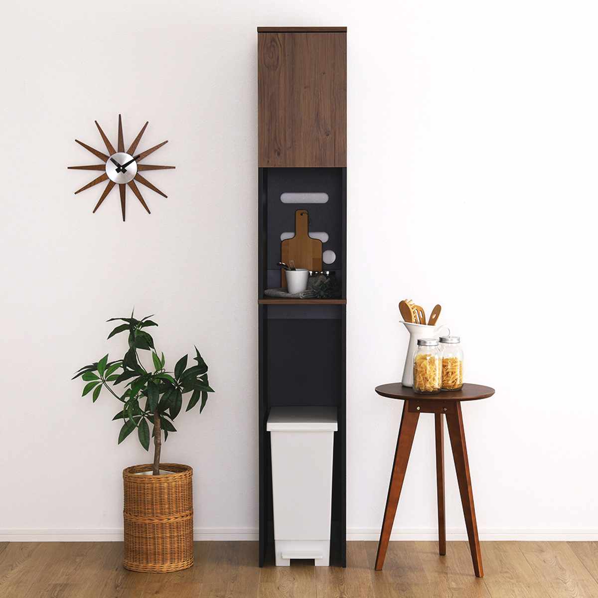 ゴミ箱上ラック 幅29.5cm 木目調 スリム 2口コンセント付き 可動棚 ( ゴミ箱 30L対応 炊飯器 電気ケトル 食器棚 コード穴付き 食器 家電 省スペース 隙間収納 ) 【ホワイトオーク】 ホワイトオーク