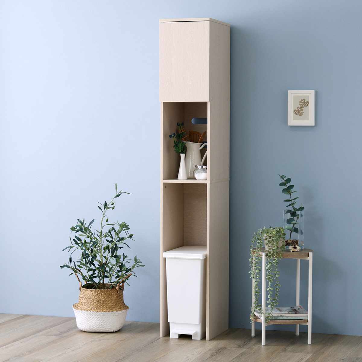 ゴミ箱上ラック 幅29.5cm 木目調 スリム 2口コンセント付き 可動棚 ( ゴミ箱 30L対応 炊飯器 電気ケトル 食器棚 コード穴付き 食器 家電 省スペース 隙間収納 ) 【ホワイトオーク】 ホワイトオーク