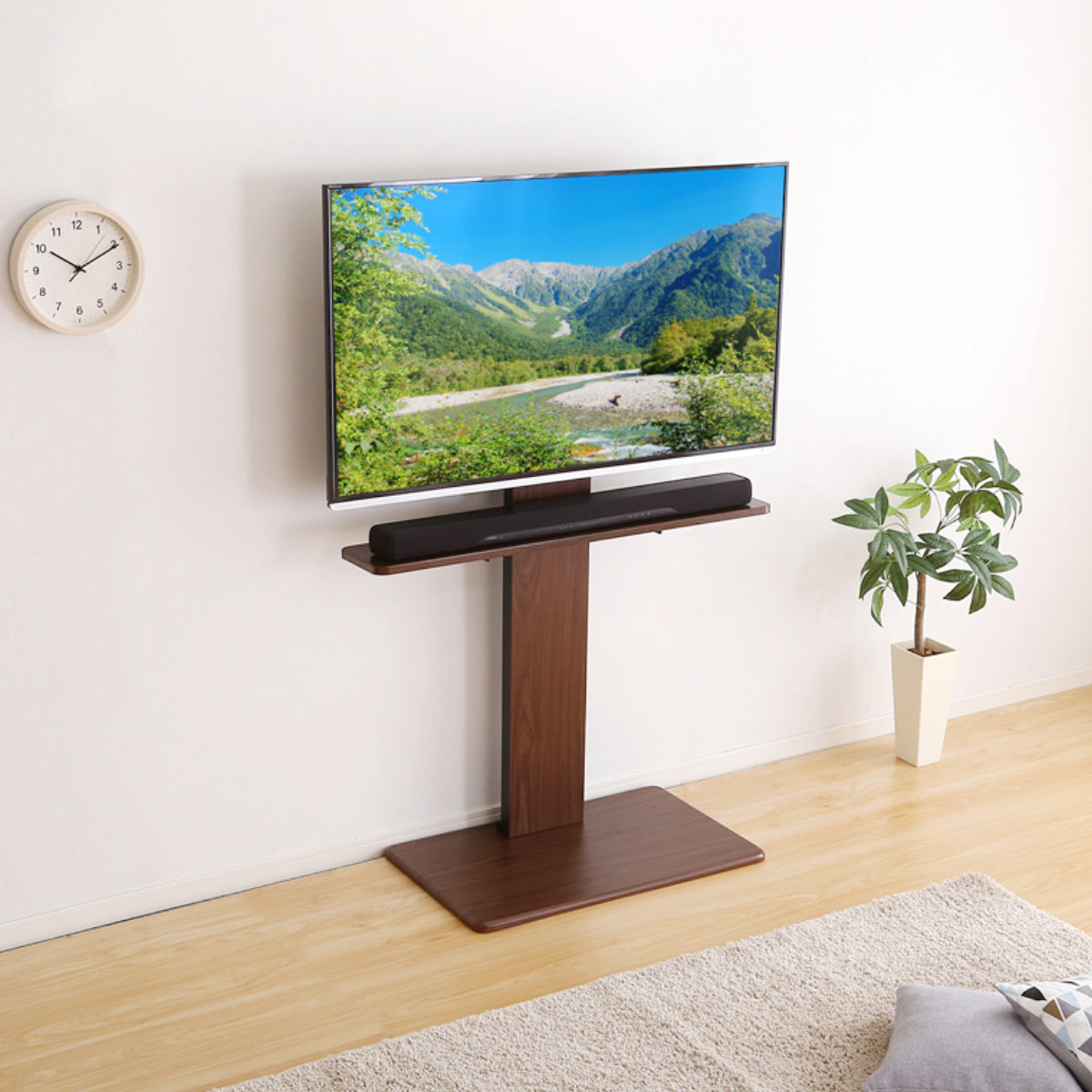 テレビスタンド 55インチ対応 ハイタイプ 壁寄せ 耐震 首振り サウンドバー付き ( テレビ台 スタンド 伸縮 壁面 高さ調節 棚付 テレビボード TV台 ブラック ウォールナット ホワイト 木目調 ) 【ブラック】 ブラック