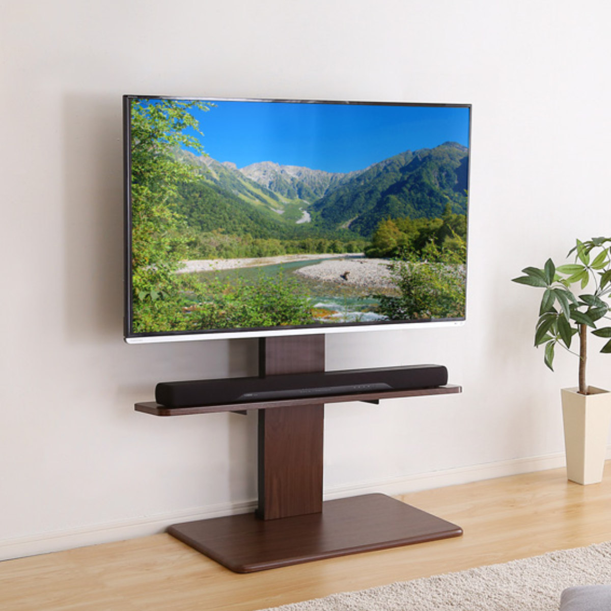 テレビスタンド 55インチ対応 ロータイプ 壁寄せ 耐震 首振り サウンドバー付き ( テレビ台 スタンド 伸縮 壁面 高さ調節 棚付 テレビボード TV台 ブラック ウォールナット ホワイト 木目調 ) 【ブラック】 ブラック