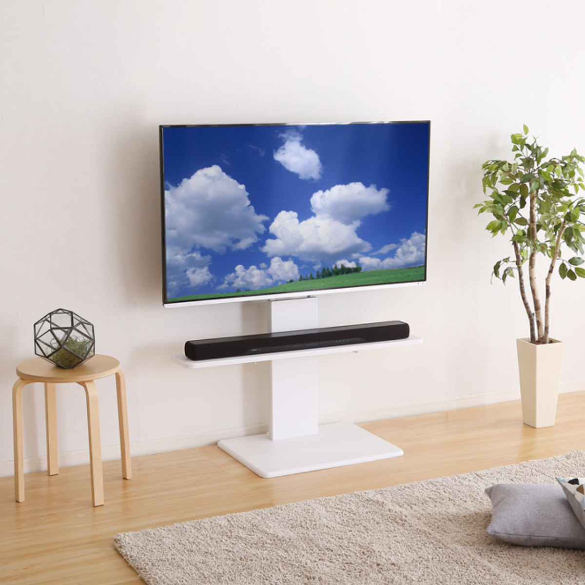 テレビスタンド 55インチ対応 ロータイプ 壁寄せ 耐震 首振り サウンドバー付き ( テレビ台 スタンド 伸縮 壁面 高さ調節 棚付 テレビボード TV台 ブラック ウォールナット ホワイト 木目調 ) 【ブラック】 ブラック