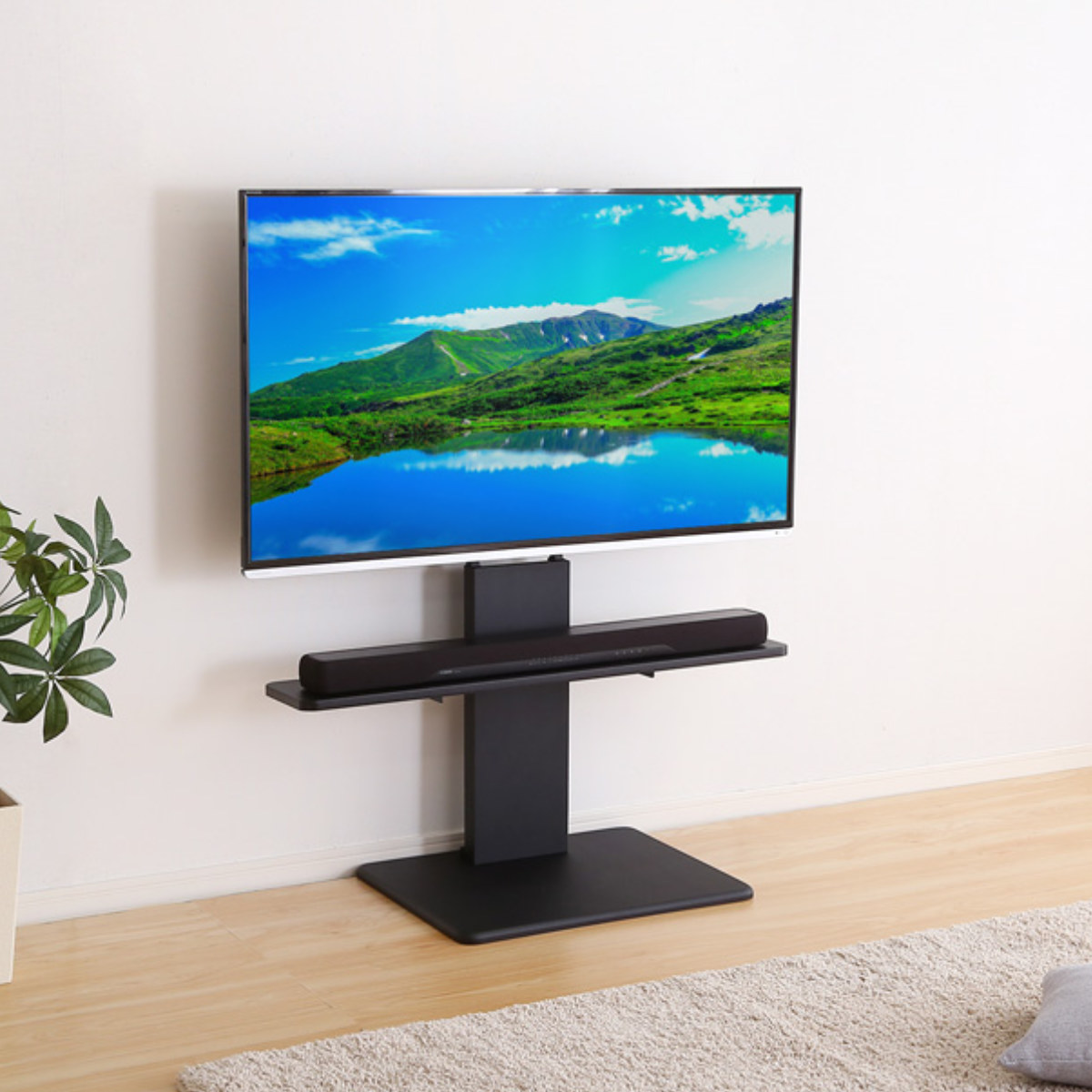 テレビスタンド 55インチ対応 ロータイプ 壁寄せ 耐震 首振り サウンドバー付き ( テレビ台 スタンド 伸縮 壁面 高さ調節 棚付 テレビボード TV台 ブラック ウォールナット ホワイト 木目調 ) 【ブラック】 ブラック