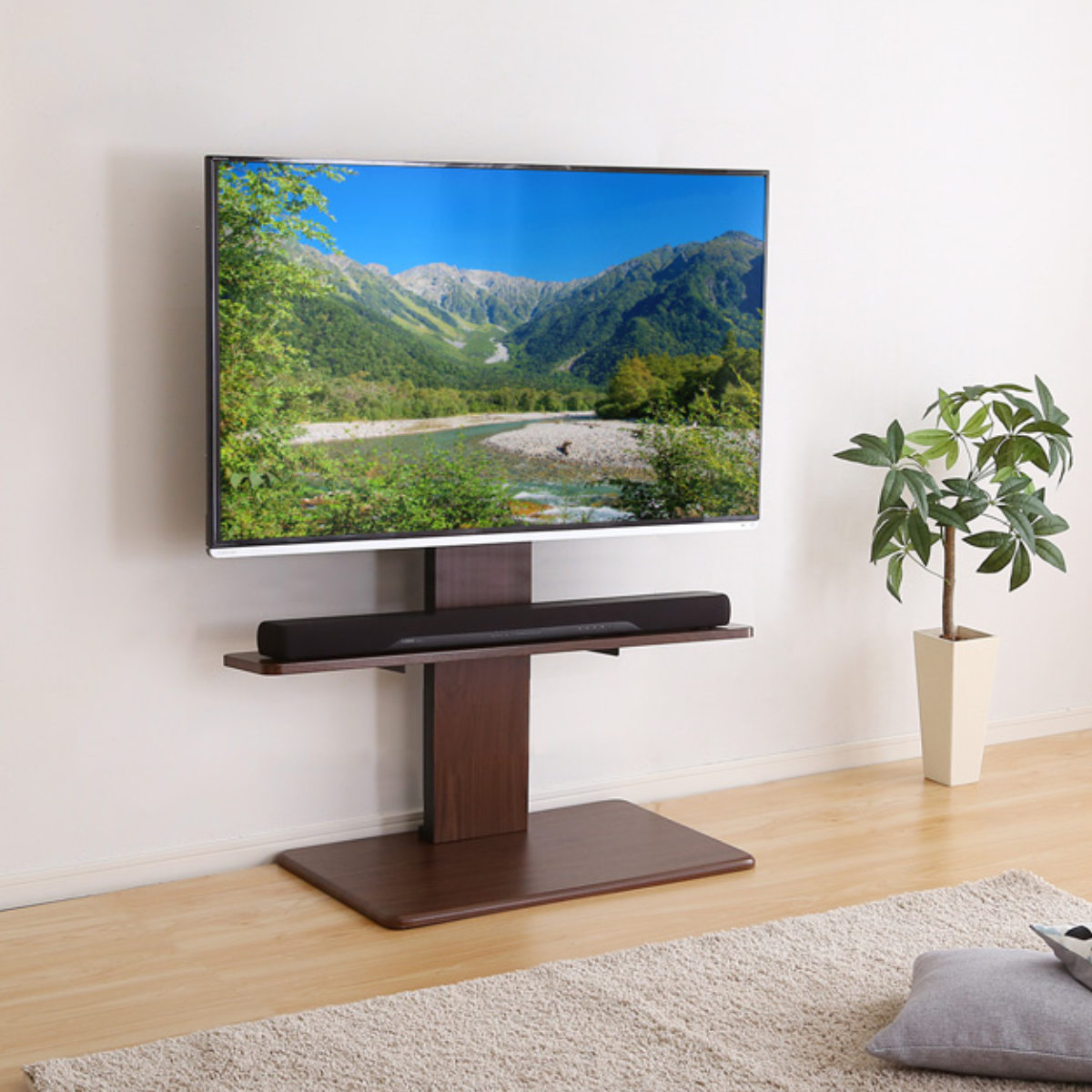 テレビスタンド 32~60インチ対応 ロータイプ 耐震 サウンドバー専用棚付き HDDホルダー ( テレビ台 スタンド 伸縮 壁面 高さ調節 棚付 テレビボード TV台 ブラック ウォールナット ホワイト 木目調 ) 【ウォールナット】 ウォールナット