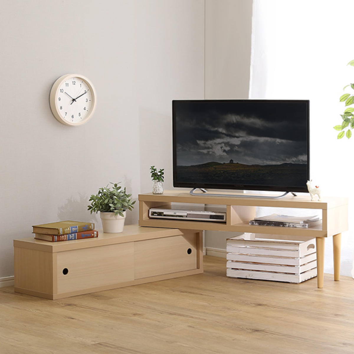 テレビ台 幅100~186cm 伸縮 木目調 オープンデッキ 収納棚 引き戸 コーナー ( テレビボード ラック 扉付 シンプル AVボード 飾り棚 棚 L字 収納 オーク ウォールナット ホワイトオーク ) 【ウォールナット】 ウォールナット