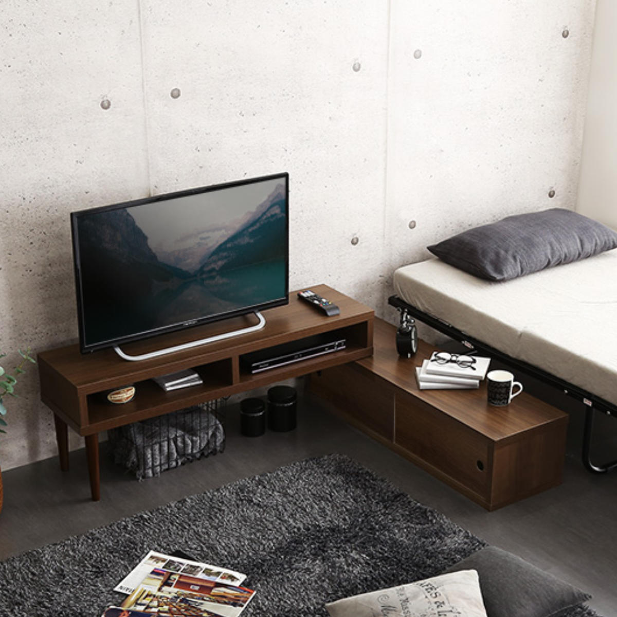 テレビ台 幅100~186cm 伸縮 木目調 オープンデッキ 収納棚 引き戸 コーナー ( テレビボード ラック 扉付 シンプル AVボード 飾り棚 棚 L字 収納 オーク ウォールナット ホワイトオーク ) 【ウォールナット】 ウォールナット