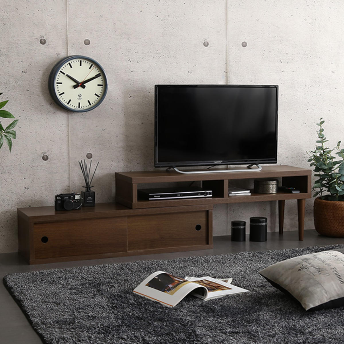 テレビ台 幅100~186cm 伸縮 木目調 オープンデッキ 収納棚 引き戸 コーナー ( テレビボード ラック 扉付 シンプル AVボード 飾り棚 棚 L字 収納 オーク ウォールナット ホワイトオーク ) 【ウォールナット】 ウォールナット