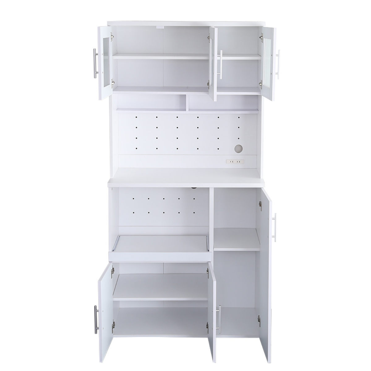 食器棚 幅90cm 2口コンセント付き スライド棚 可動棚 調味料収納 ( カップボード キッチンラック コンセント付 食器収納 レンジボード レンジ台 ガラス扉 鏡面仕上げ 家電収納 ホワイト )