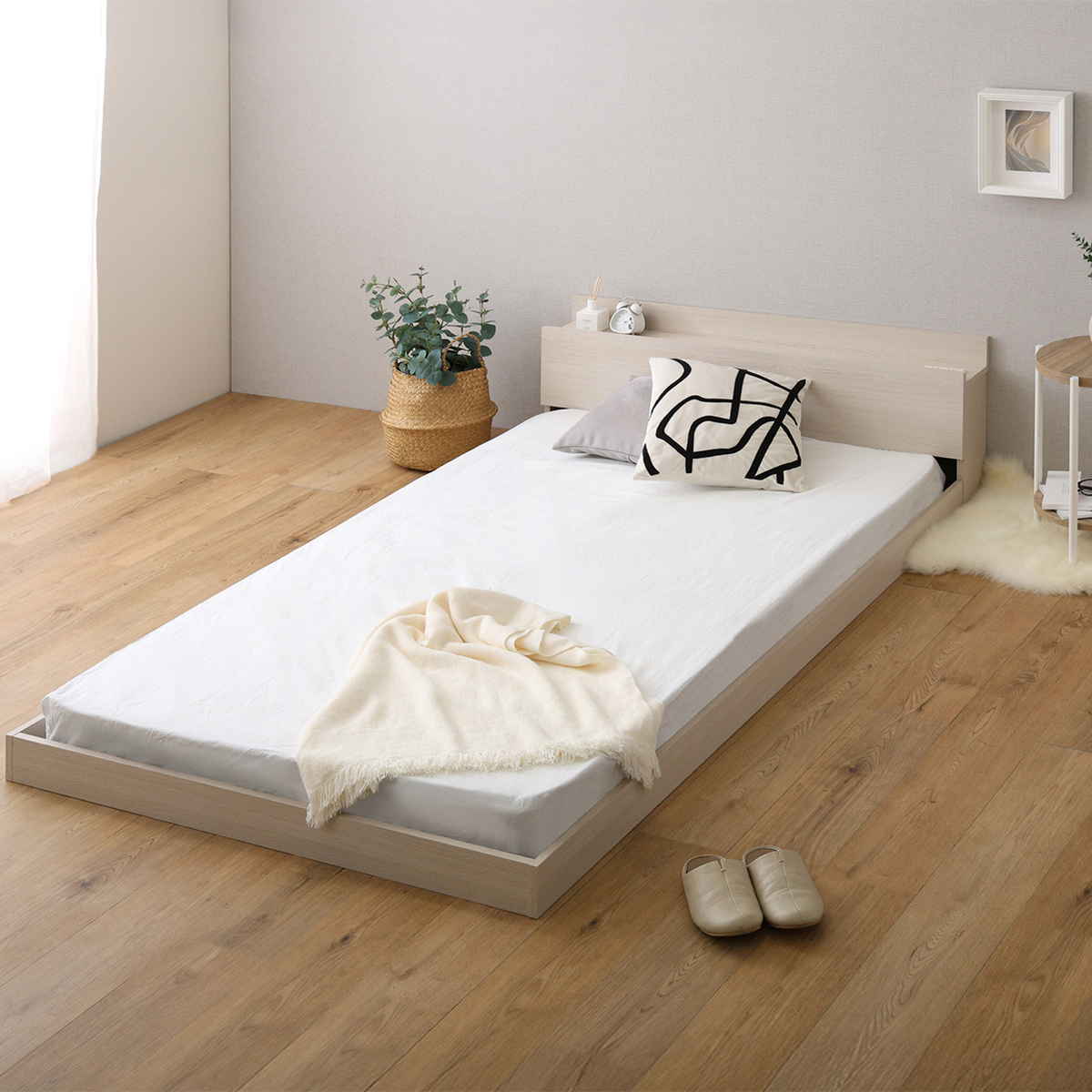デザインフロアベッド ポケットコイルマットレスセット セミダブル ( ベッド コンセント付 抗菌 防臭 マットレスセット ポケットコイル 厚さ15cm デザインベッド ブラックオーク オーク ウォールナット ホワイトオーク ) 【ホワイトオーク×ブラック】 ホワイトオーク×ブラック
