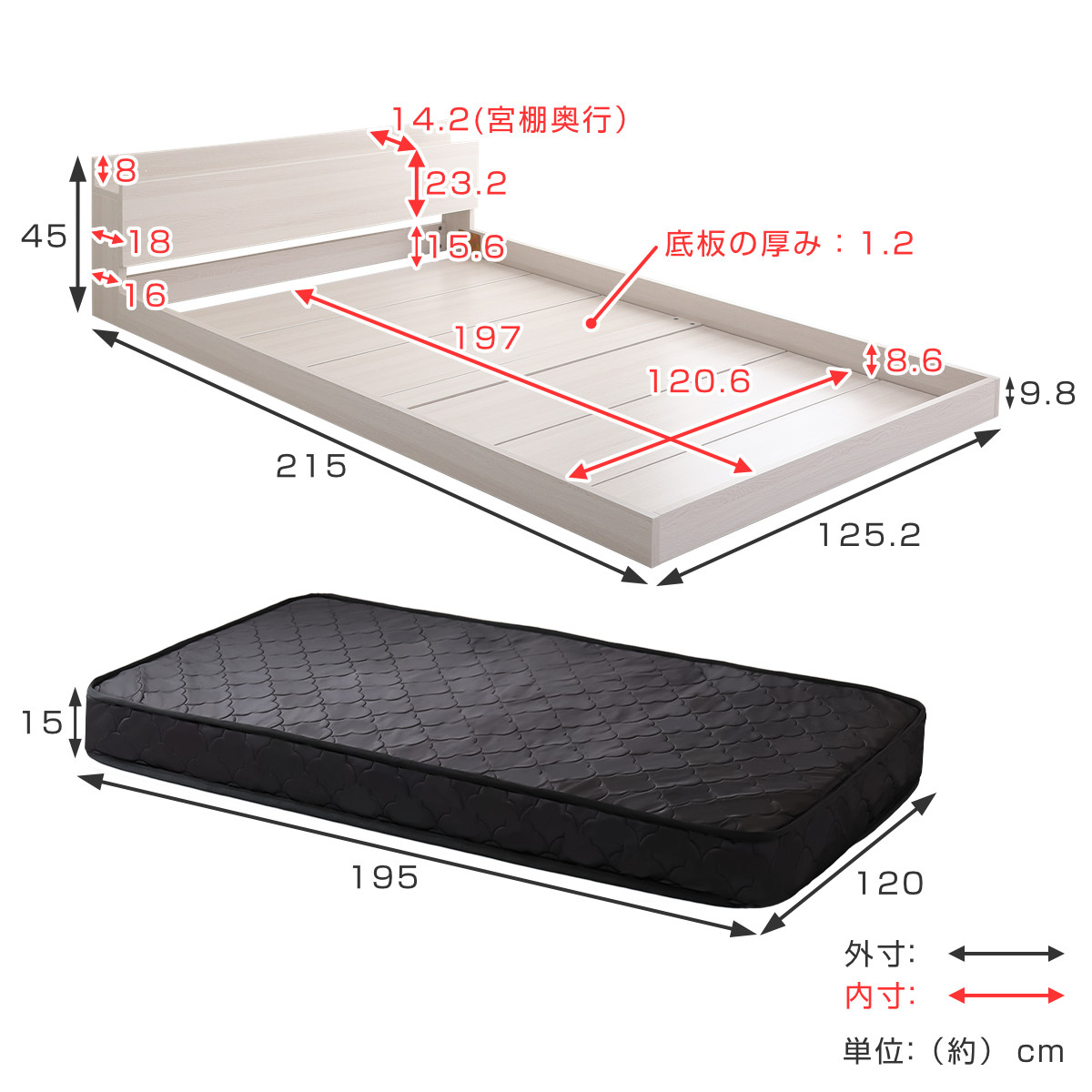 デザインフロアベッド ポケットコイルマットレスセット セミダブル ( ベッド コンセント付 抗菌 防臭 マットレスセット ポケットコイル 厚さ15cm デザインベッド ブラックオーク オーク ウォールナット ホワイトオーク ) 【ホワイトオーク×ブラック】 ホワイトオーク×ブラック