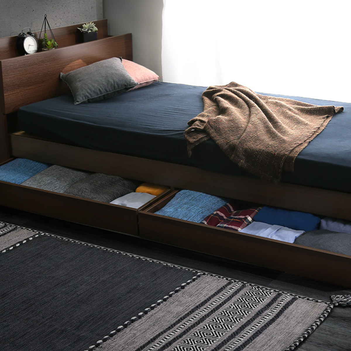 チェストベッド ダブル 宮棚 2口コンセント付 ヴィンテージ調 ( ベッド 収納付き コンセント付き 2杯 ダブルベッド ブラックオーク オーク ウォールナット ホワイトオーク ) 【ホワイトオーク】 ホワイトオーク