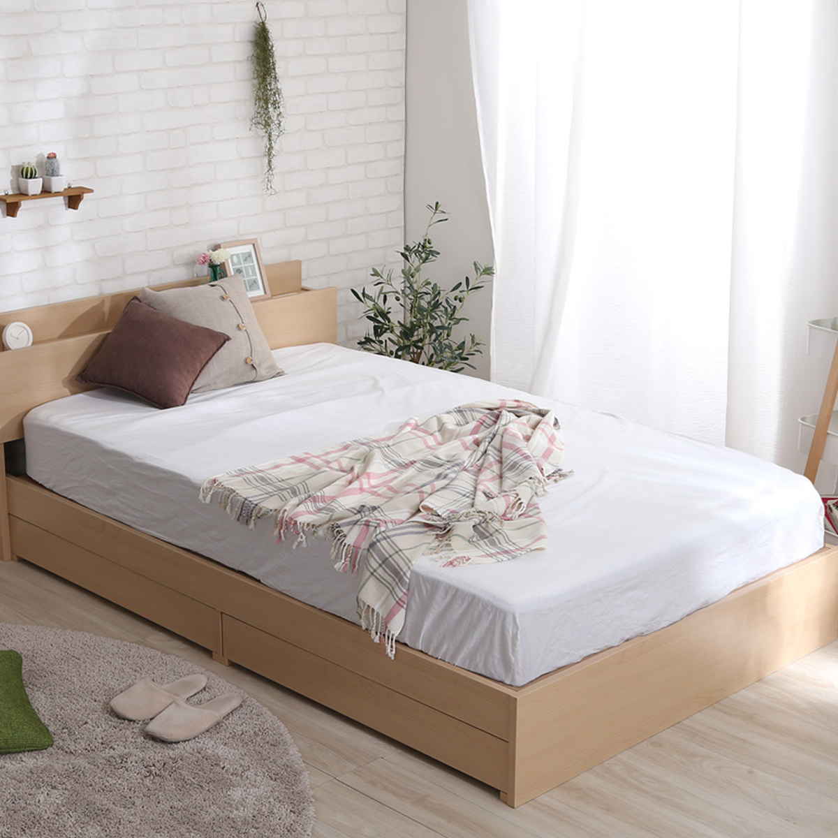 チェストベッド ダブル 宮棚 2口コンセント付 ヴィンテージ調 ( ベッド 収納付き コンセント付き 2杯 ダブルベッド ブラックオーク オーク ウォールナット ホワイトオーク ) 【ホワイトオーク】 ホワイトオーク