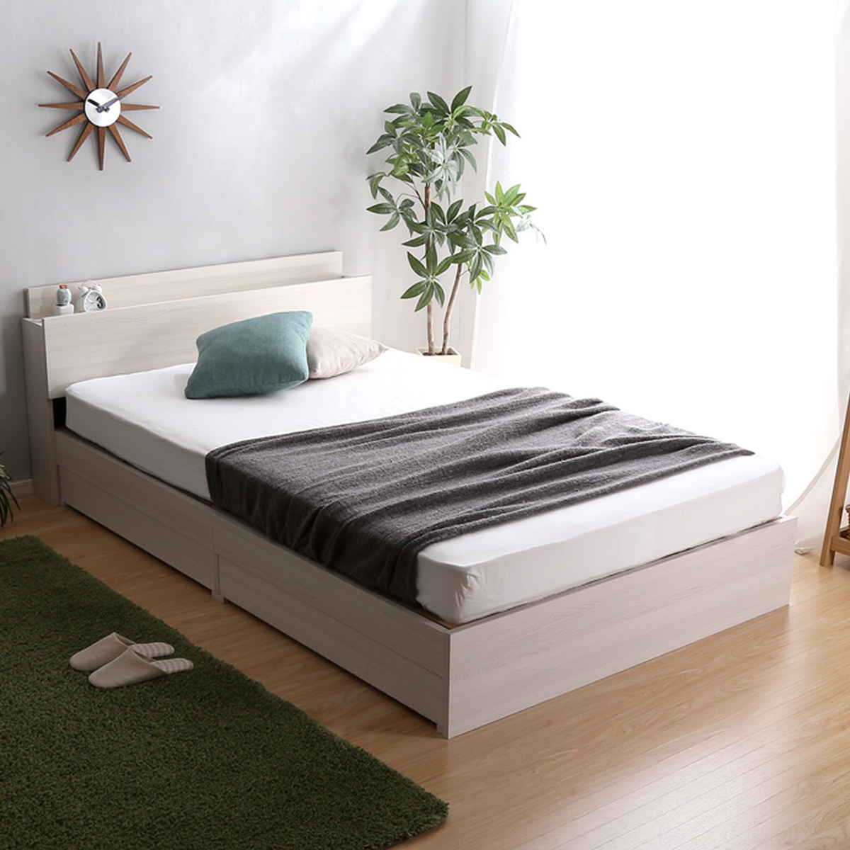 チェストベッド ダブル 宮棚 2口コンセント付 ヴィンテージ調 ( ベッド 収納付き コンセント付き 2杯 ダブルベッド ブラックオーク オーク ウォールナット ホワイトオーク ) 【ホワイトオーク】 ホワイトオーク