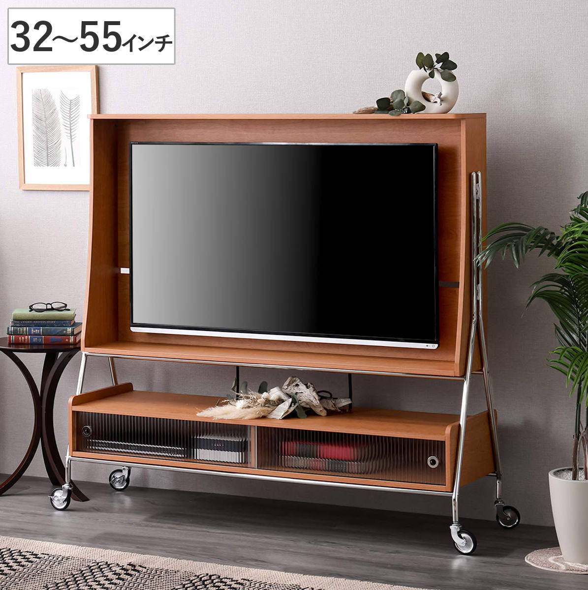 テレビスタンド 32~55型対応 壁掛け風 壁寄せ 木目調 収納棚 キャスター付き おしゃれ ( テレビ台 スタンド 壁寄せ 棚付き キャスター 引き戸 TVラック 棚 スタンド型 55型対応 レトロ 収納付き )