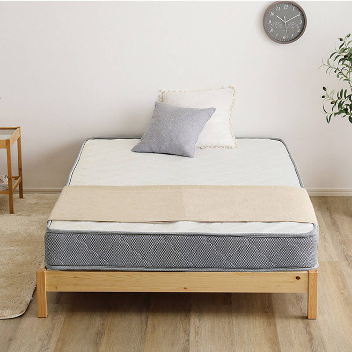 組立簡単ベッド セミシングル ボンネルコイルマットレス付き ( ベッド 組立簡単 天然木 高耐荷重 マットレスセット 2分で完成 耐荷重300kg 工具不要 お掃除ロボット対応 ) 【ナチュラル×シルバー】 ナチュラル×シルバー