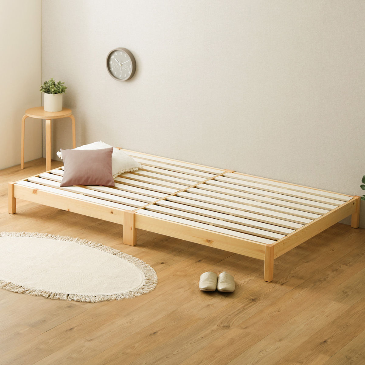 組立簡単ベッド セミシングル ボンネルコイルマットレス付き ( ベッド 組立簡単 天然木 高耐荷重 マットレスセット 2分で完成 耐荷重300kg 工具不要 お掃除ロボット対応 ) 【ナチュラル×シルバー】 ナチュラル×シルバー