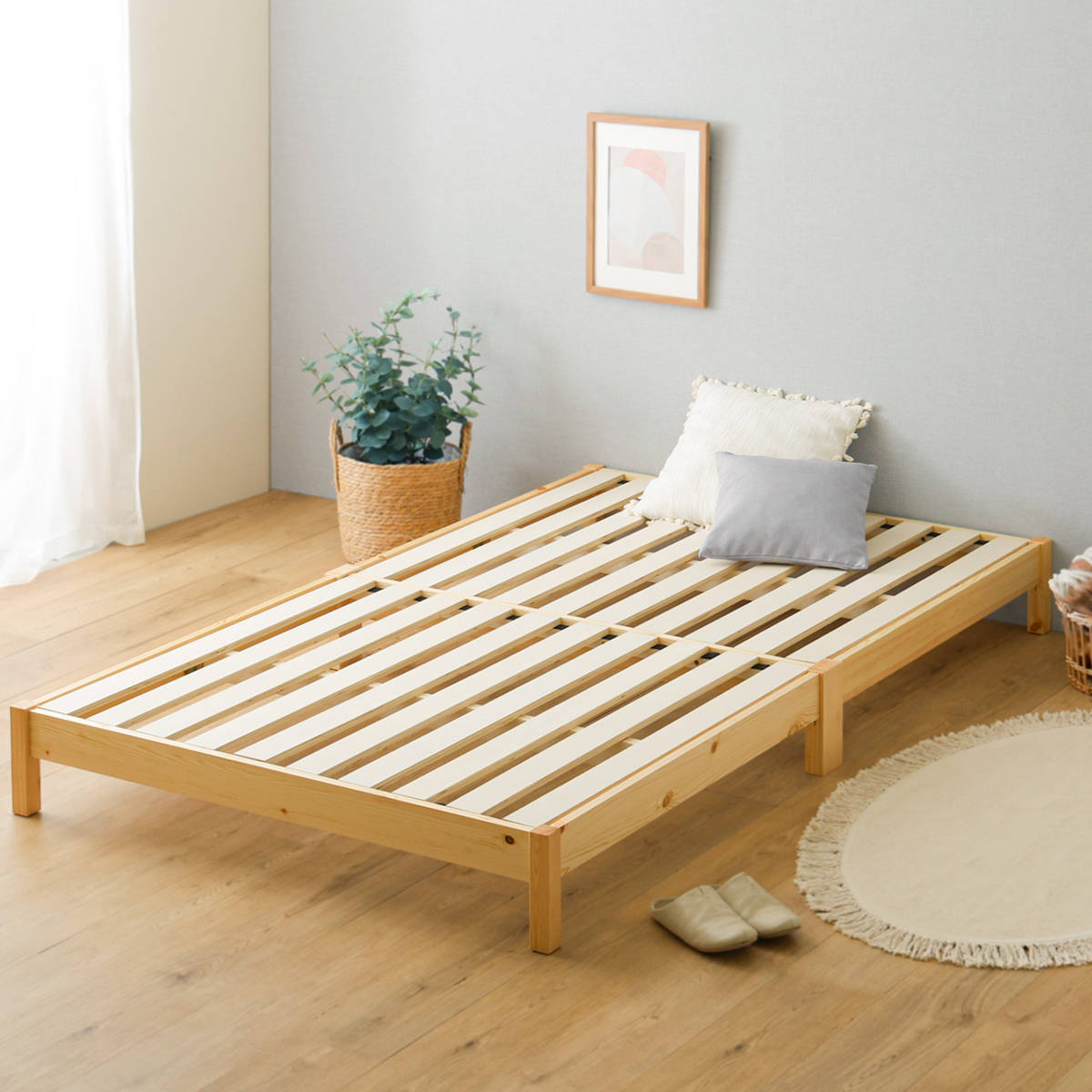 組立簡単ベッド セミシングル ボンネルコイルマットレス付き ( ベッド 組立簡単 天然木 高耐荷重 マットレスセット 2分で完成 耐荷重300kg 工具不要 お掃除ロボット対応 ) 【ナチュラル×シルバー】 ナチュラル×シルバー