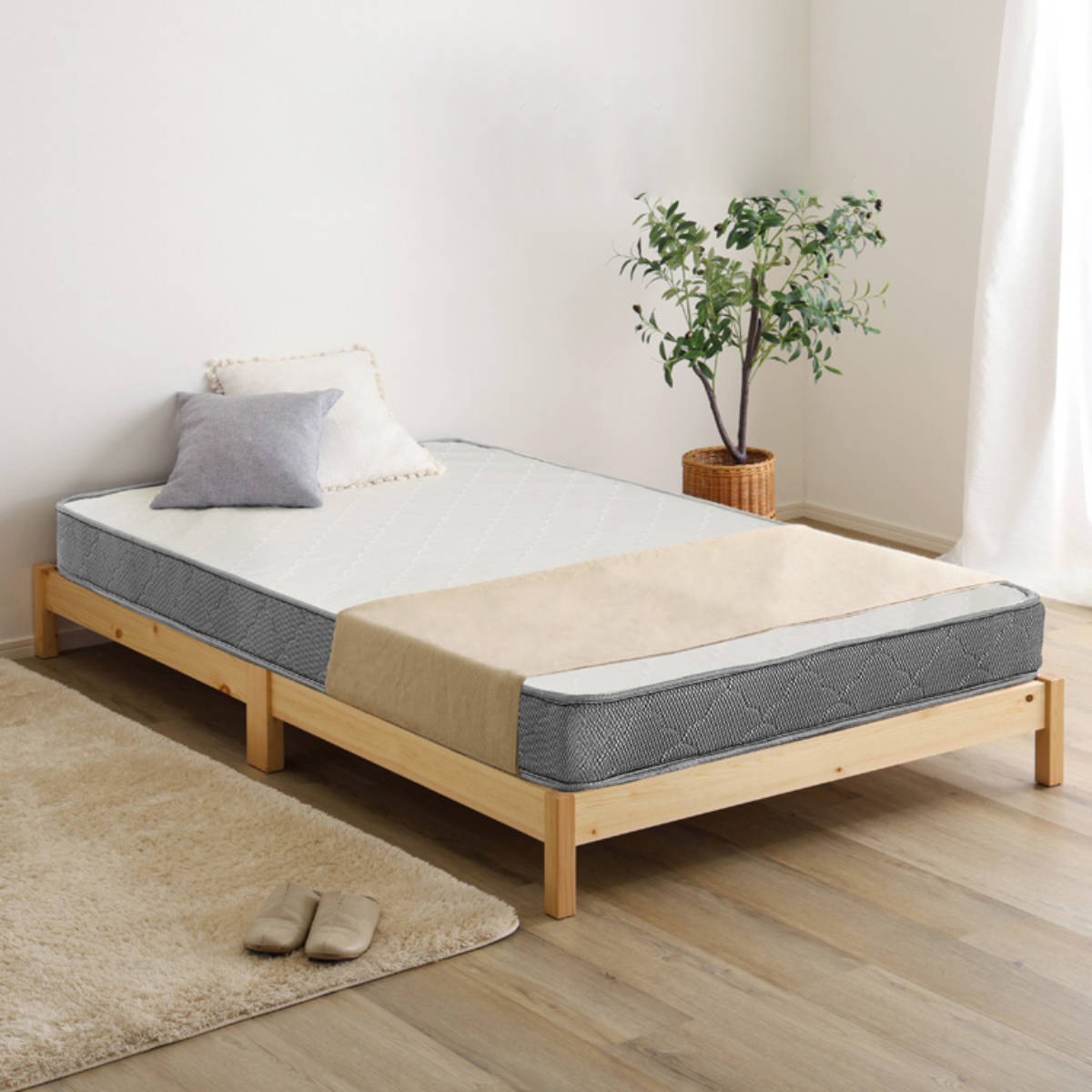 組立簡単ベッド セミダブル ボンネルコイルマットレス付き ( ベッド 組立簡単 天然木 高耐荷重 マットレスセット 2分で完成 耐荷重300kg 工具不要 お掃除ロボット対応 ) 【ナチュラル×ホワイト】 ナチュラル×ホワイト