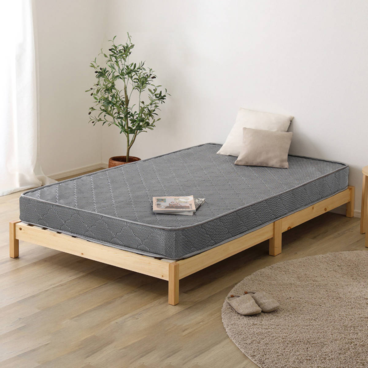 組立簡単ベッド セミダブル ボンネルコイルマットレス付き ( ベッド 組立簡単 天然木 高耐荷重 マットレスセット 2分で完成 耐荷重300kg 工具不要 お掃除ロボット対応 ) 【ナチュラル×ホワイト】 ナチュラル×ホワイト