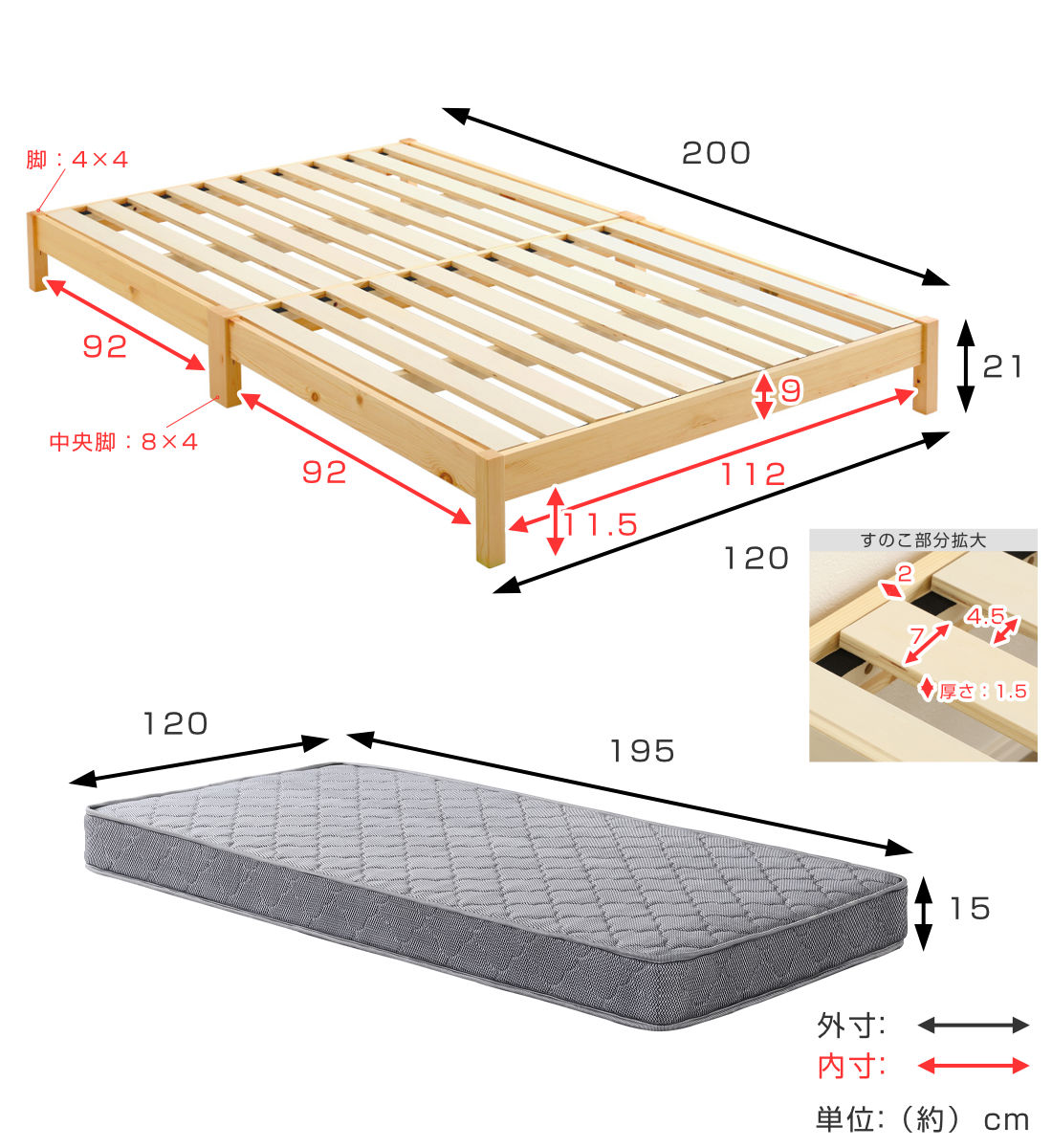 組立簡単ベッド セミダブル ボンネルコイルマットレス付き ( ベッド 組立簡単 天然木 高耐荷重 マットレスセット 2分で完成 耐荷重300kg 工具不要 お掃除ロボット対応 ) 【ナチュラル×ホワイト】 ナチュラル×ホワイト